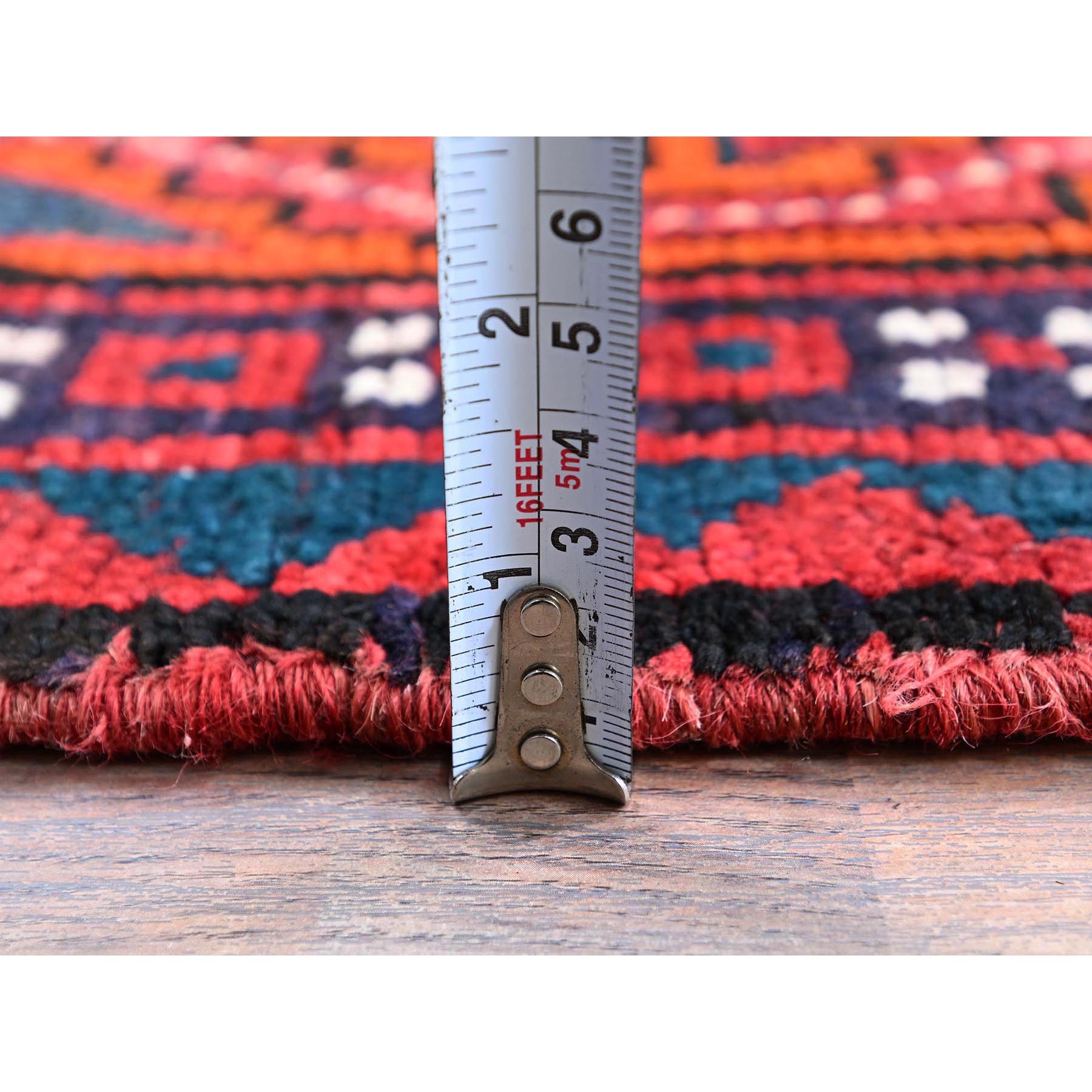 4'5"x7'9" Angels Red, Vintage Persian Shiraz with Geometric Pattern, Cropped Thin, Zero Pile, Sides and Ends Professionally Secured, Clean, Hand Knotted, Pure Wool, Oriental Rug Sh818