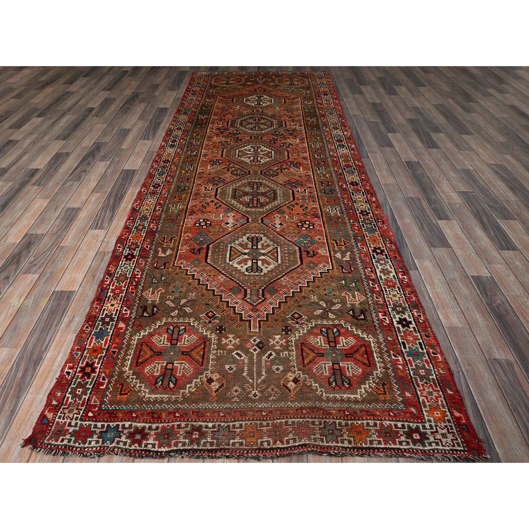 4'2"x11'4" Coral Red, Vintage Persian Shiraz with Geometric Pattern, Small Bird Figurines, Shaved Low, Zero Pile, Sides and Ends Professionally Secured, Clean, Hand Knotted, Pure Wool, Wide Runner, Oriental Rug Sh819