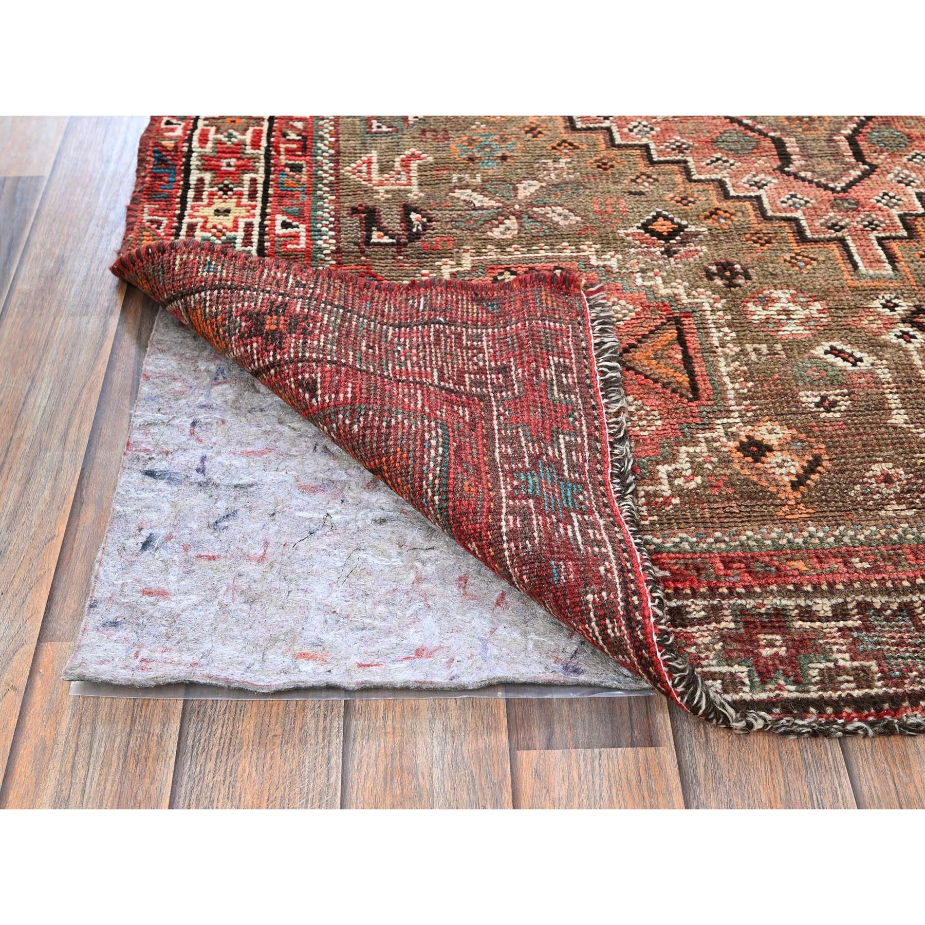 4'2"x11'4" Coral Red, Vintage Persian Shiraz with Geometric Pattern, Small Bird Figurines, Shaved Low, Zero Pile, Sides and Ends Professionally Secured, Clean, Hand Knotted, Pure Wool, Wide Runner, Oriental Rug Sh819