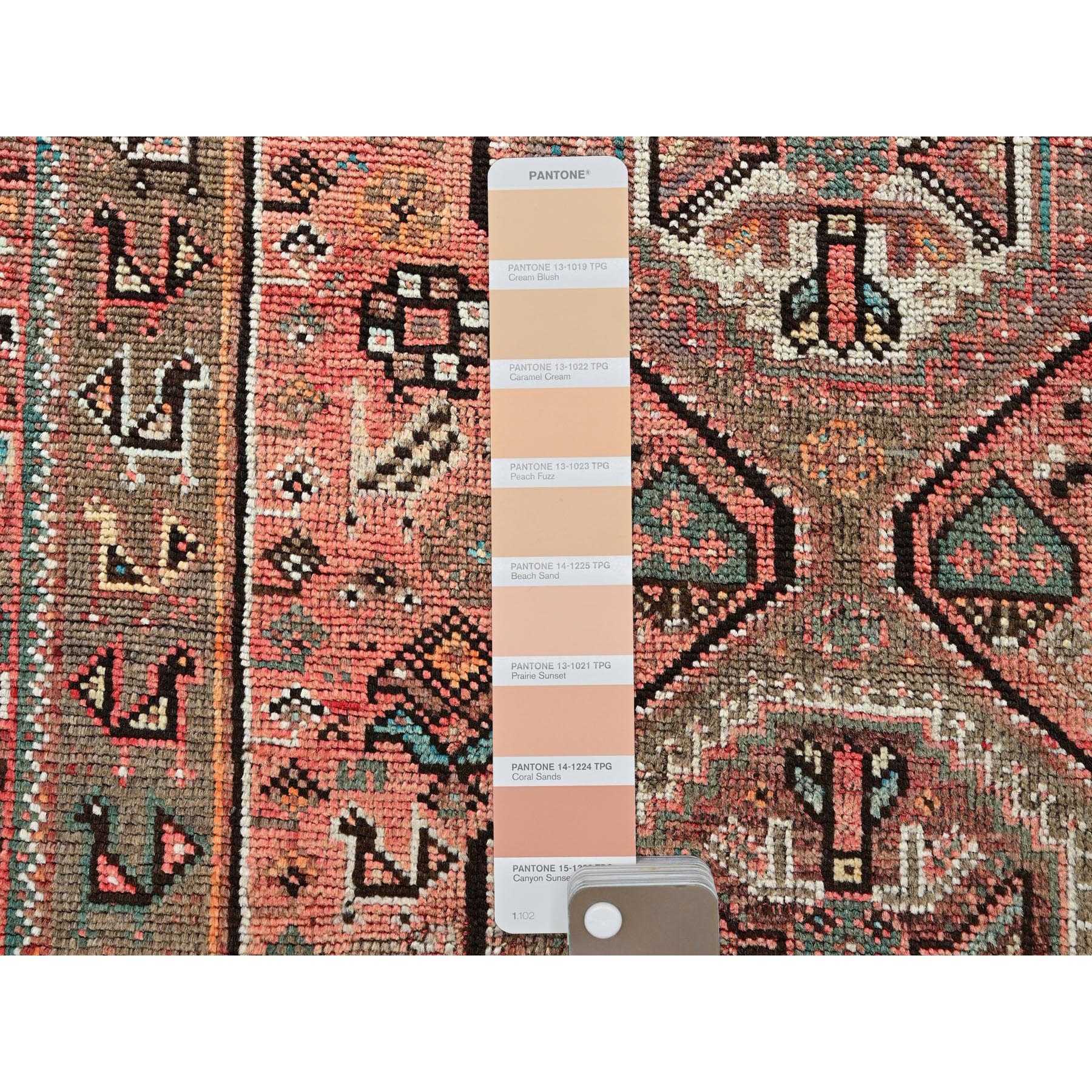 4'2"x11'4" Coral Red, Vintage Persian Shiraz with Geometric Pattern, Small Bird Figurines, Shaved Low, Zero Pile, Sides and Ends Professionally Secured, Clean, Hand Knotted, Pure Wool, Wide Runner, Oriental Rug Sh819