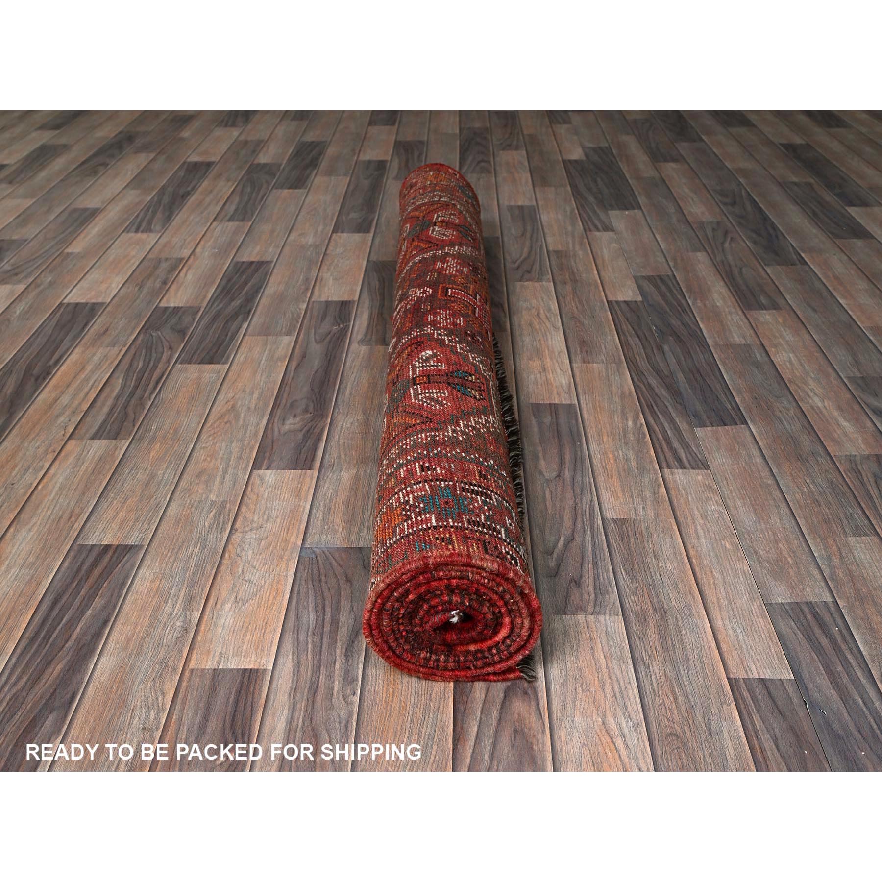 4'2"x11'4" Coral Red, Vintage Persian Shiraz with Geometric Pattern, Small Bird Figurines, Shaved Low, Zero Pile, Sides and Ends Professionally Secured, Clean, Hand Knotted, Pure Wool, Wide Runner, Oriental Rug Sh819