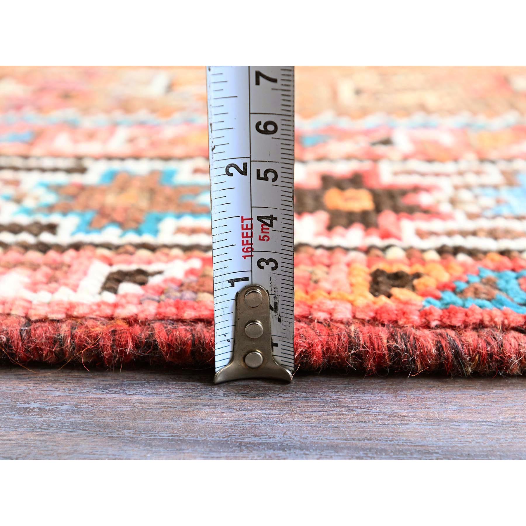 4'2"x11'4" Coral Red, Vintage Persian Shiraz with Geometric Pattern, Small Bird Figurines, Shaved Low, Zero Pile, Sides and Ends Professionally Secured, Clean, Hand Knotted, Pure Wool, Wide Runner, Oriental Rug Sh819