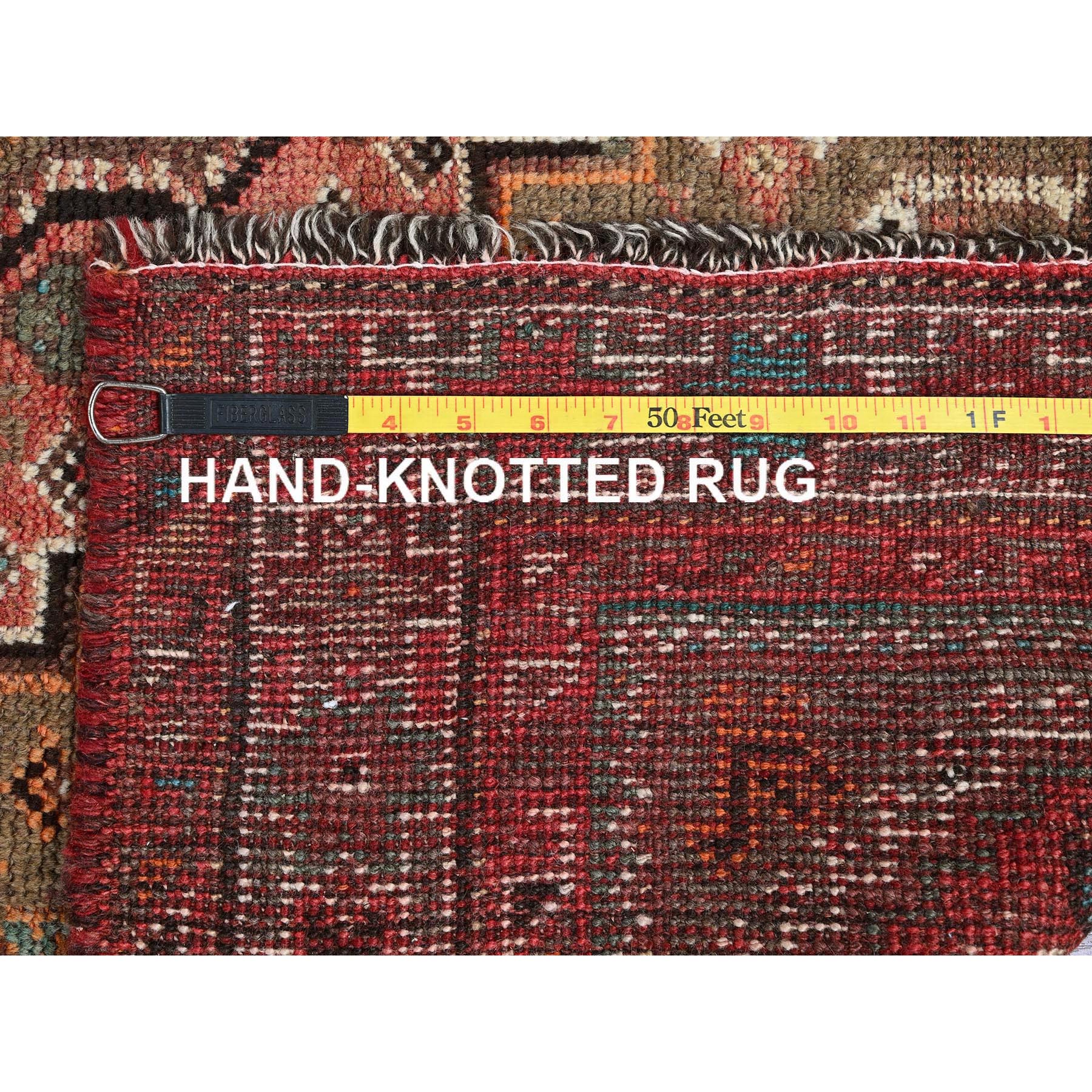 4'2"x11'4" Coral Red, Vintage Persian Shiraz with Geometric Pattern, Small Bird Figurines, Shaved Low, Zero Pile, Sides and Ends Professionally Secured, Clean, Hand Knotted, Pure Wool, Wide Runner, Oriental Rug Sh819