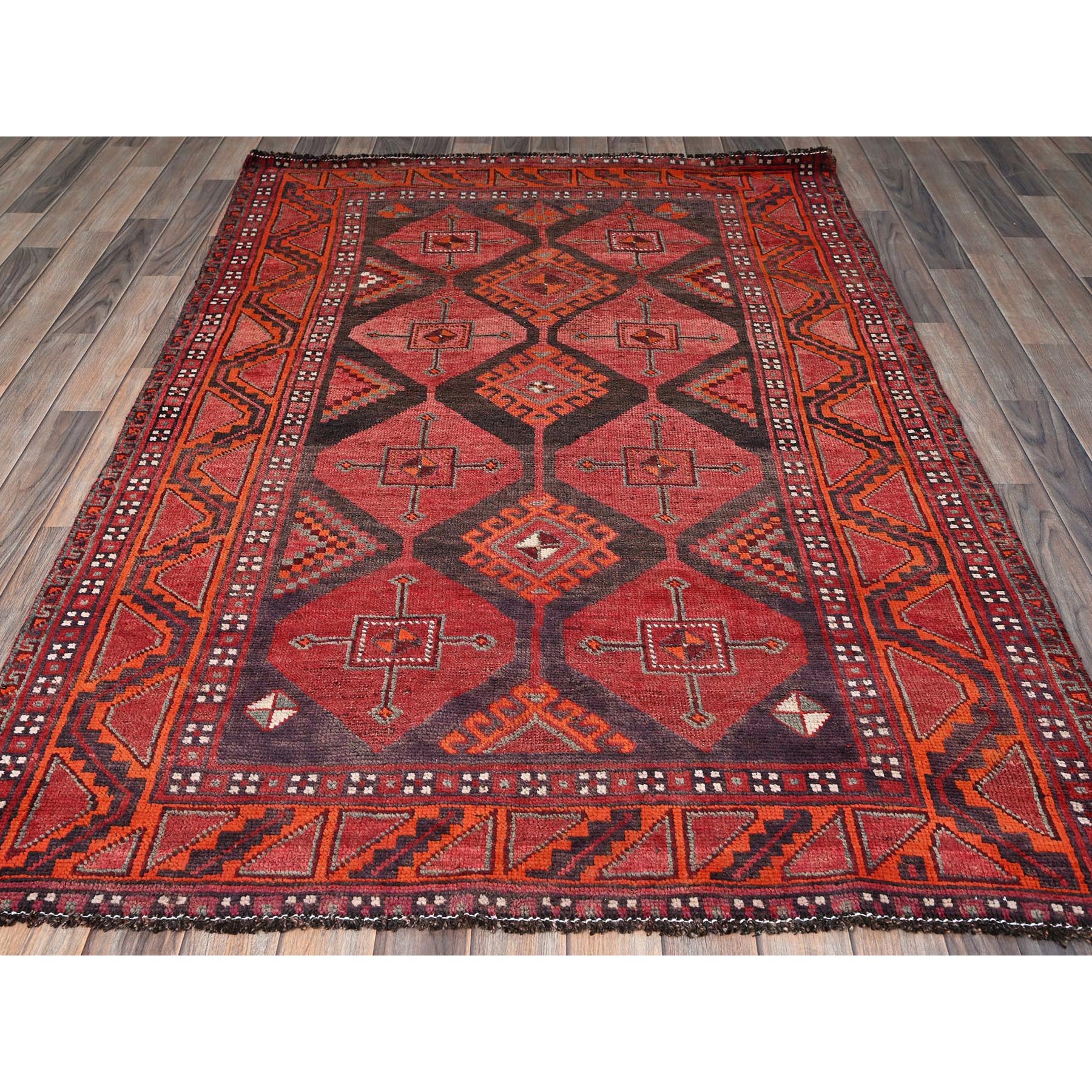 4'6"x6'6" Crimson Red, Vintage Persian Shiraz with Geometric Pattern, Shaved Down, Zero Pile, Sides and Ends Professionally Secured, Clean, Hand Knotted, 100% Wool, Oriental Rug Sh820