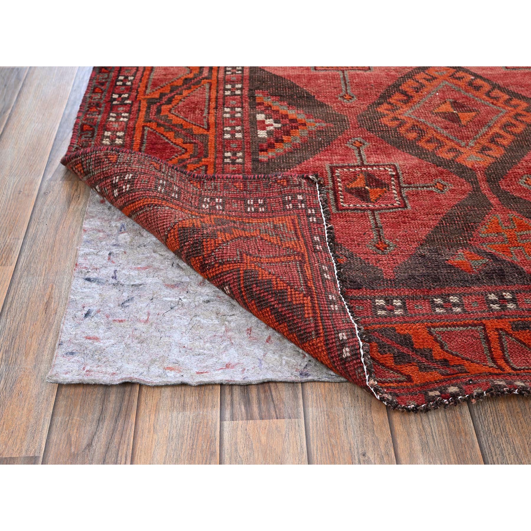 4'6"x6'6" Crimson Red, Vintage Persian Shiraz with Geometric Pattern, Shaved Down, Zero Pile, Sides and Ends Professionally Secured, Clean, Hand Knotted, 100% Wool, Oriental Rug Sh820
