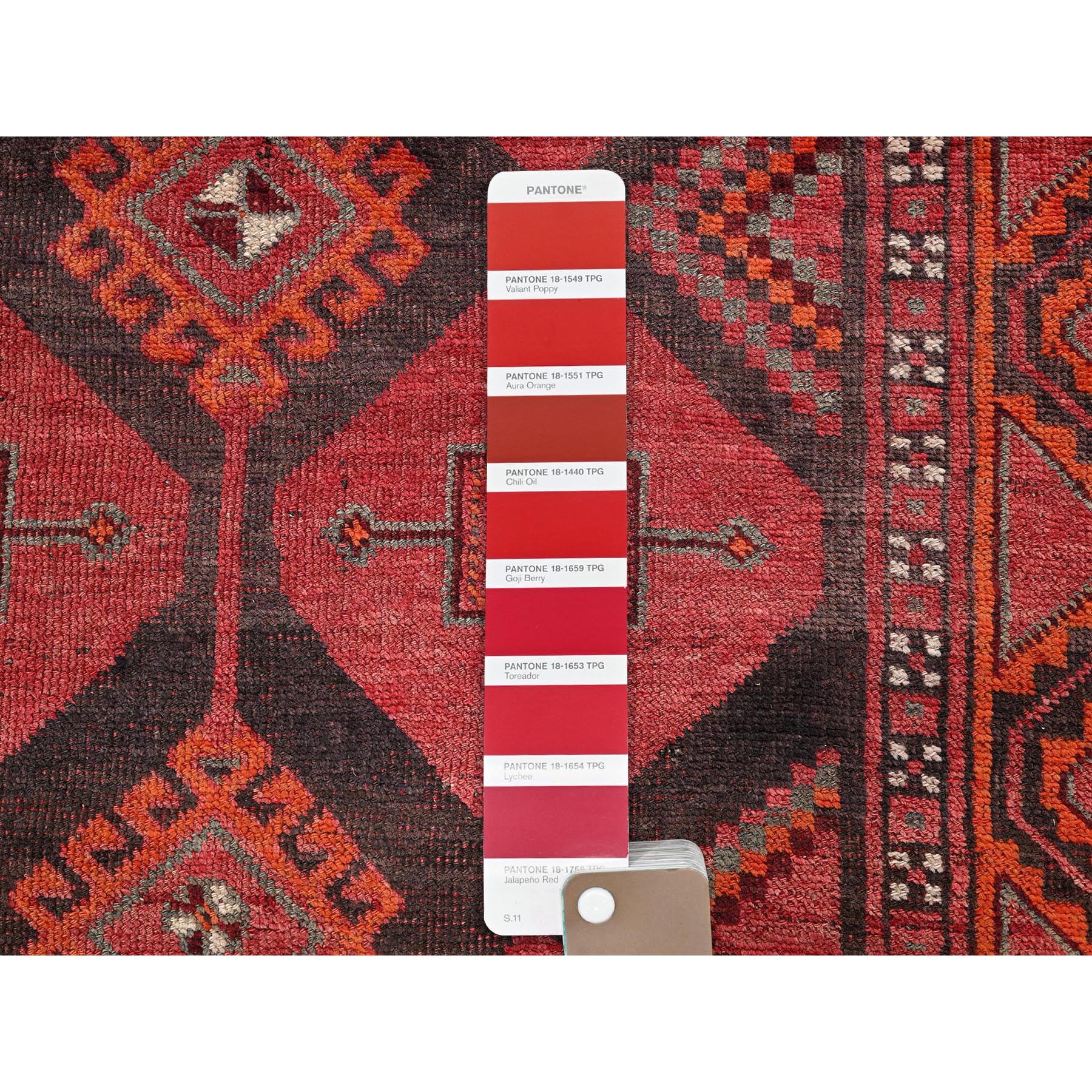 4'6"x6'6" Crimson Red, Vintage Persian Shiraz with Geometric Pattern, Shaved Down, Zero Pile, Sides and Ends Professionally Secured, Clean, Hand Knotted, 100% Wool, Oriental Rug Sh820