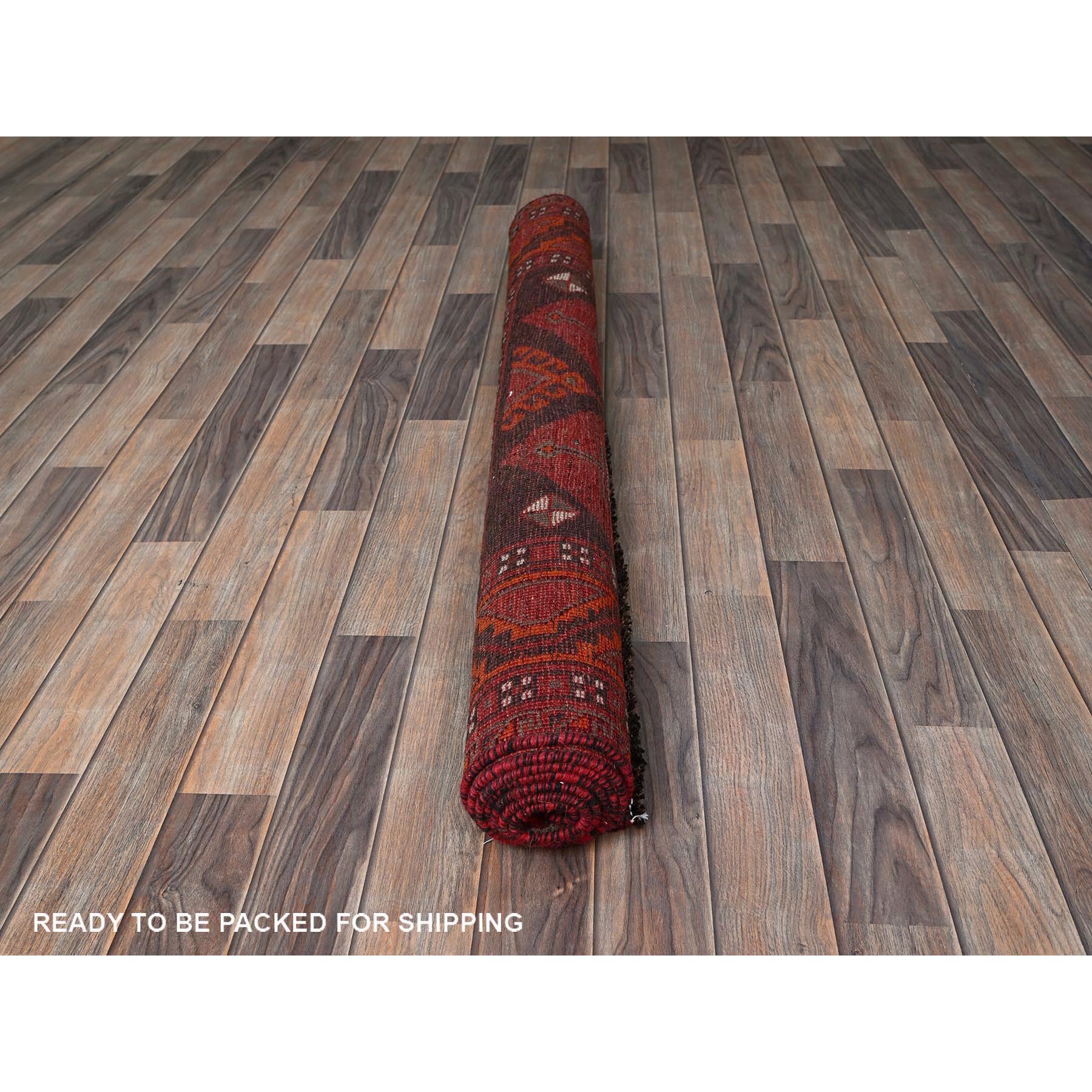 4'6"x6'6" Crimson Red, Vintage Persian Shiraz with Geometric Pattern, Shaved Down, Zero Pile, Sides and Ends Professionally Secured, Clean, Hand Knotted, 100% Wool, Oriental Rug Sh820