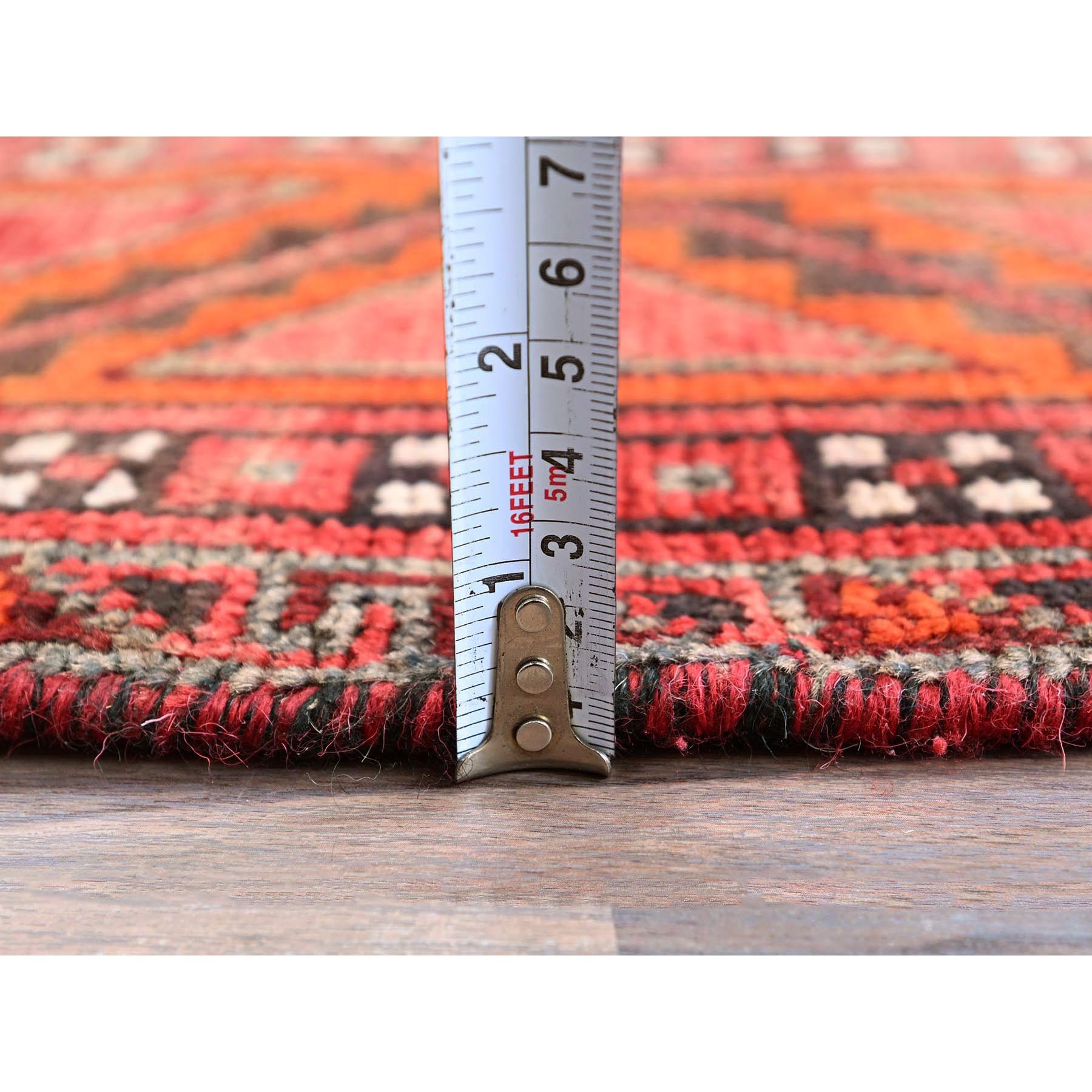 4'6"x6'6" Crimson Red, Vintage Persian Shiraz with Geometric Pattern, Shaved Down, Zero Pile, Sides and Ends Professionally Secured, Clean, Hand Knotted, 100% Wool, Oriental Rug Sh820