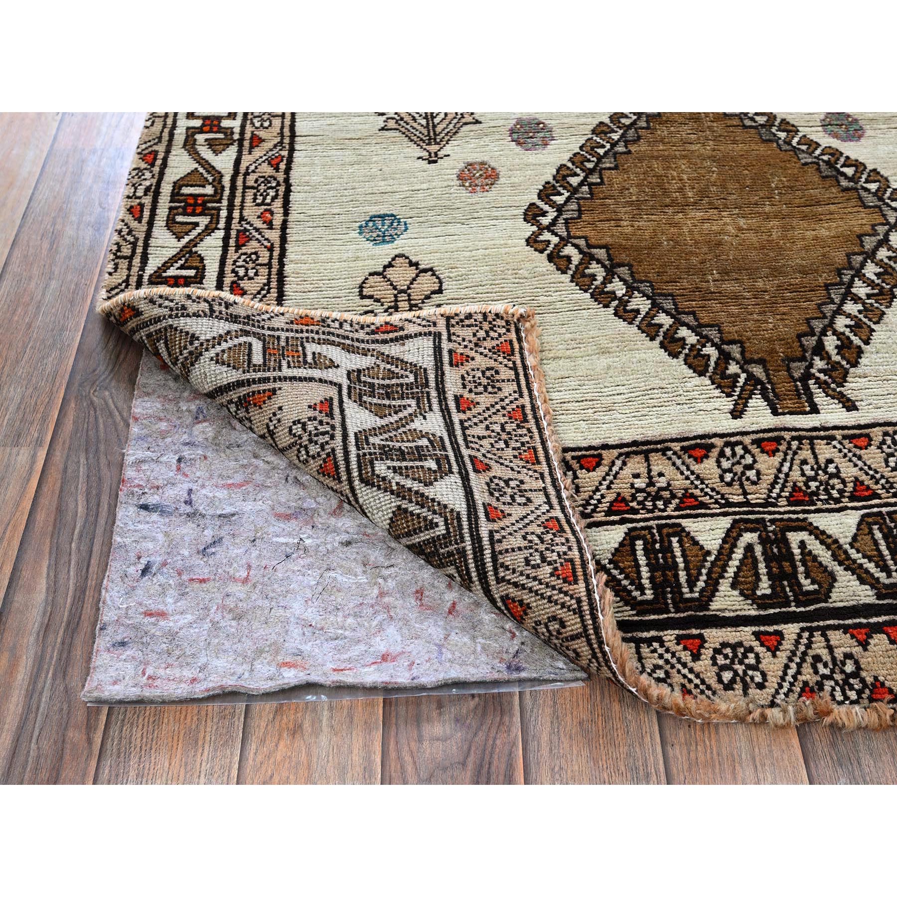 4'2"x7'8" Vintage Persian Shiraz with Rare Ivory Color Background, Geometric Pattern, Hand Knotted, Pure Wool, Shaved Down, Zero Pile, Sides and Ends Professionally Secured, Clean, Oriental Rug Sh821