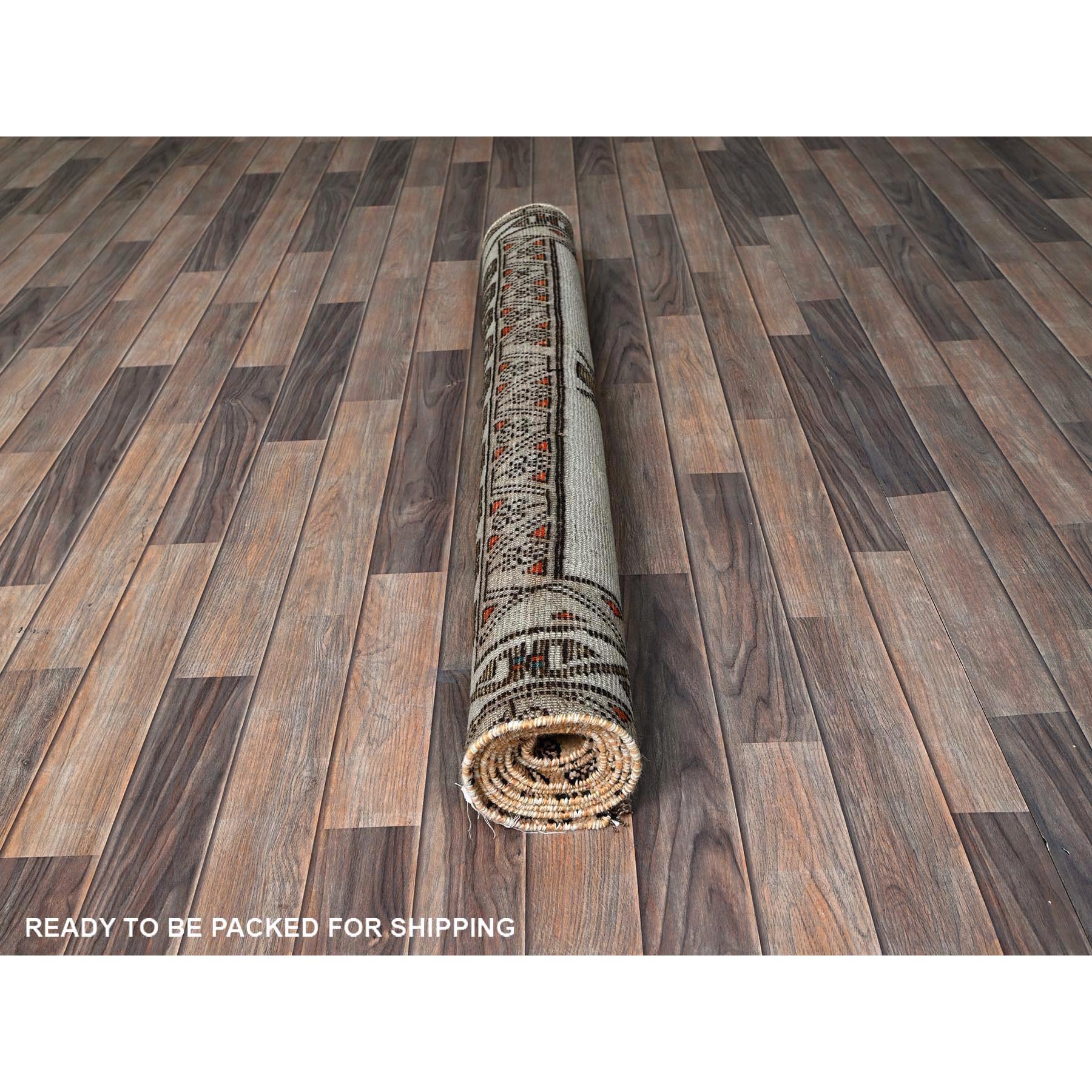 4'2"x7'8" Vintage Persian Shiraz with Rare Ivory Color Background, Geometric Pattern, Hand Knotted, Pure Wool, Shaved Down, Zero Pile, Sides and Ends Professionally Secured, Clean, Oriental Rug Sh821