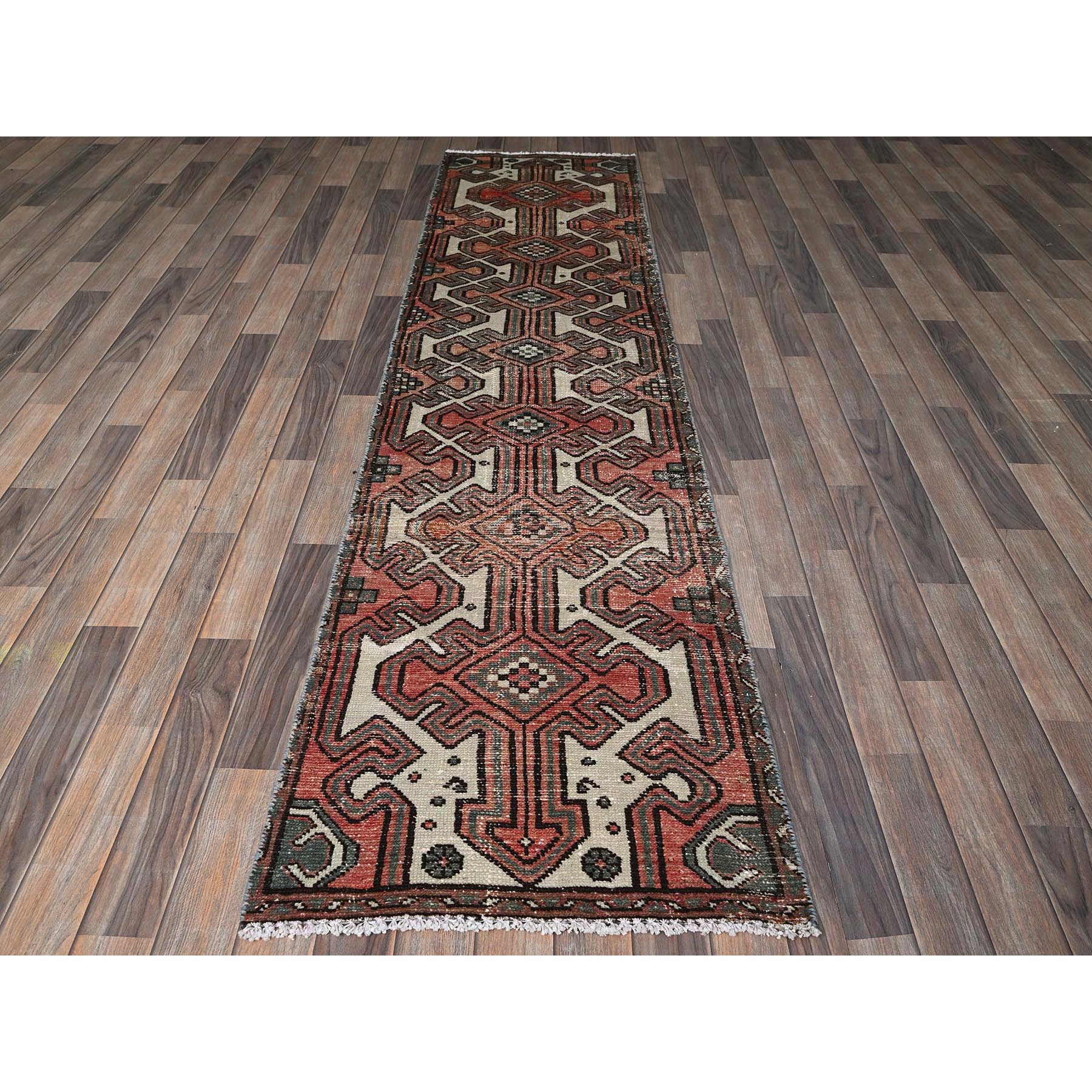 2'3"x9' Peach Color, Vintage Persian Hamadan with Geometric Pattern, Shaved Down, Zero Pile, Sides and Ends Professionally Secured, Clean, Hand Knotted, Pure Wool, Narrow Runner, Oriental Rug Sh825