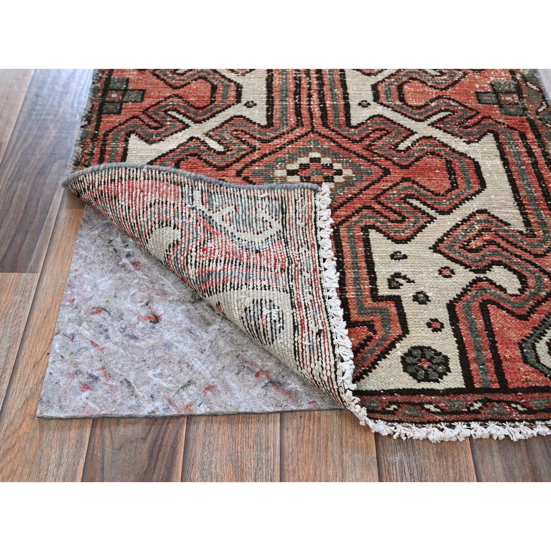 2'3"x9' Peach Color, Vintage Persian Hamadan with Geometric Pattern, Shaved Down, Zero Pile, Sides and Ends Professionally Secured, Clean, Hand Knotted, Pure Wool, Narrow Runner, Oriental Rug Sh825