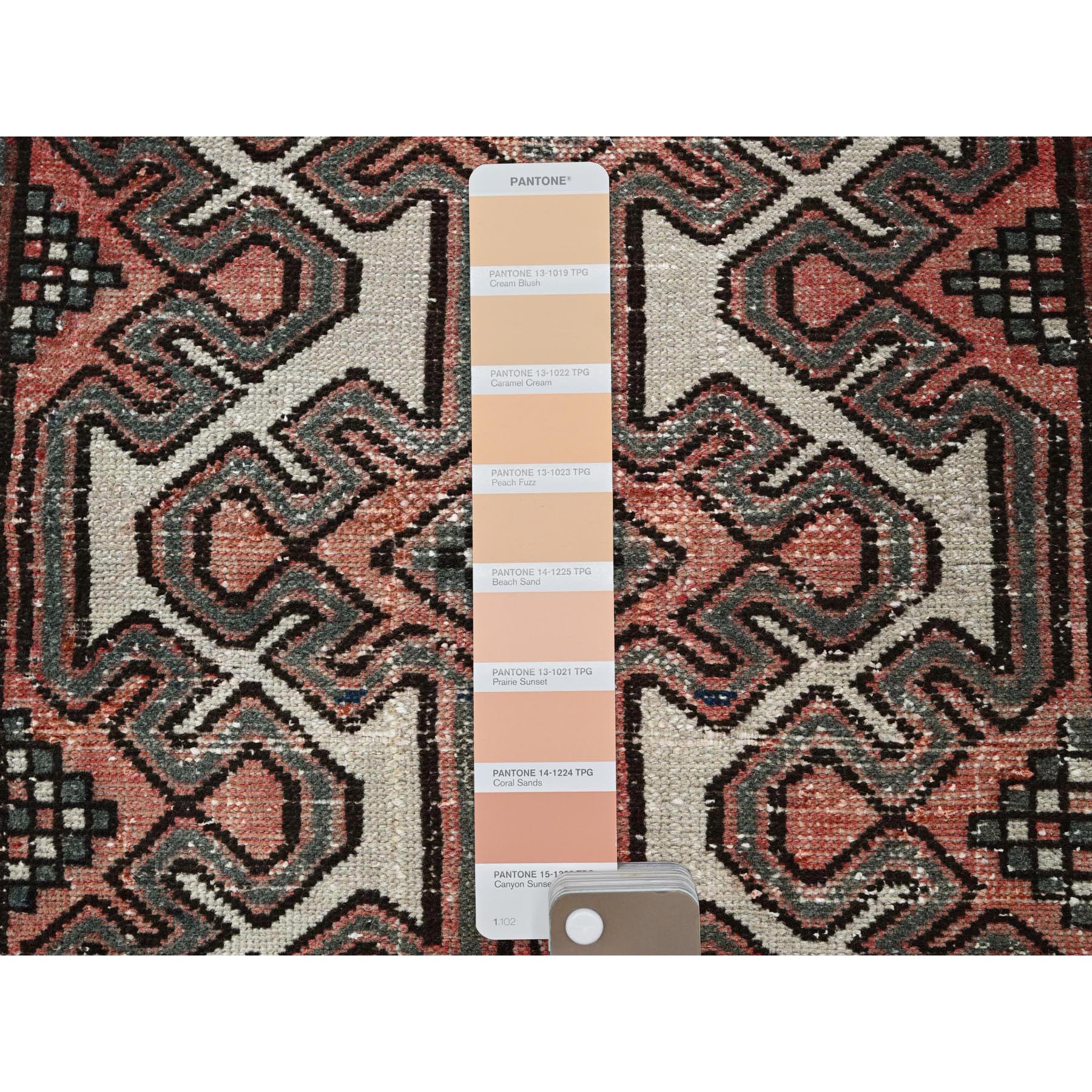 2'3"x9' Peach Color, Vintage Persian Hamadan with Geometric Pattern, Shaved Down, Zero Pile, Sides and Ends Professionally Secured, Clean, Hand Knotted, Pure Wool, Narrow Runner, Oriental Rug Sh825