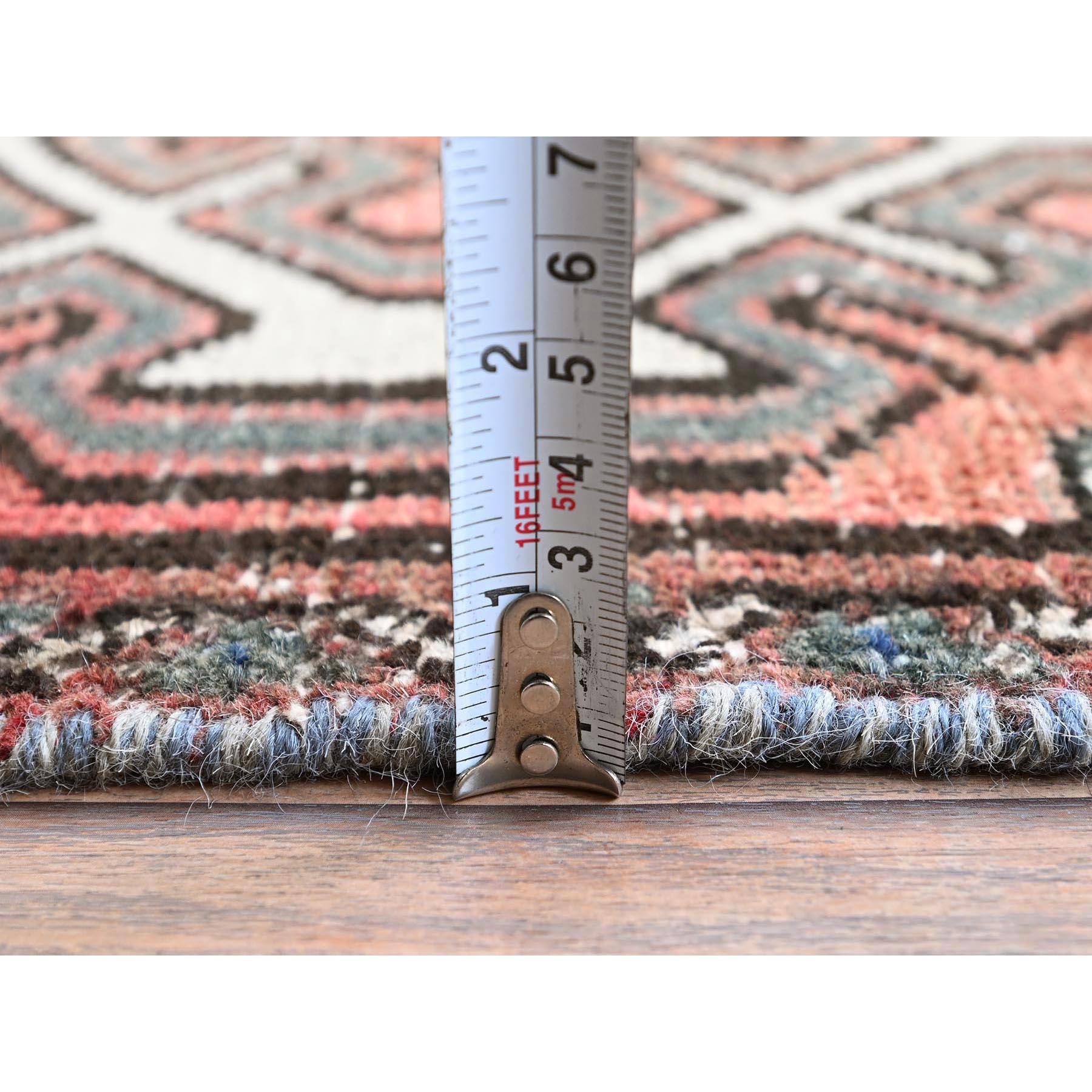 2'3"x9' Peach Color, Vintage Persian Hamadan with Geometric Pattern, Shaved Down, Zero Pile, Sides and Ends Professionally Secured, Clean, Hand Knotted, Pure Wool, Narrow Runner, Oriental Rug Sh825