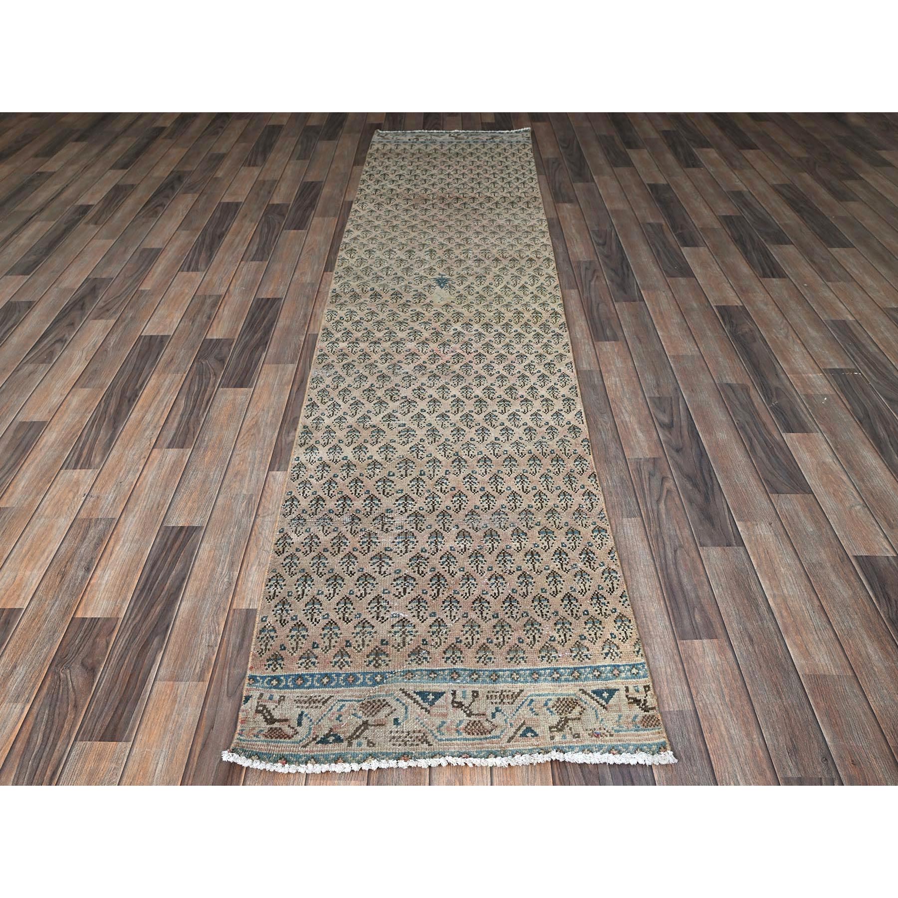 2'4"x10'1" Peach Color, Vintage Persian Tabriz with All Over Repetitive Intricate Paisley Design, Shaved Down, Zero Pile, Sides and Ends Professionally Secured, Hand Knotted, Pure Wool, Fragment, Narrow Runner, Oriental Rug Sh826