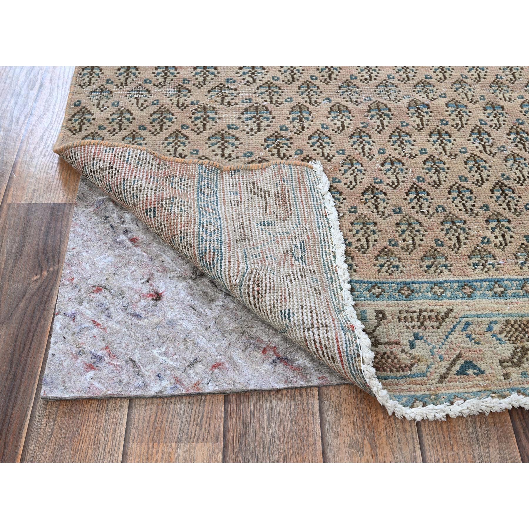 2'4"x10'1" Peach Color, Vintage Persian Tabriz with All Over Repetitive Intricate Paisley Design, Shaved Down, Zero Pile, Sides and Ends Professionally Secured, Hand Knotted, Pure Wool, Fragment, Narrow Runner, Oriental Rug Sh826