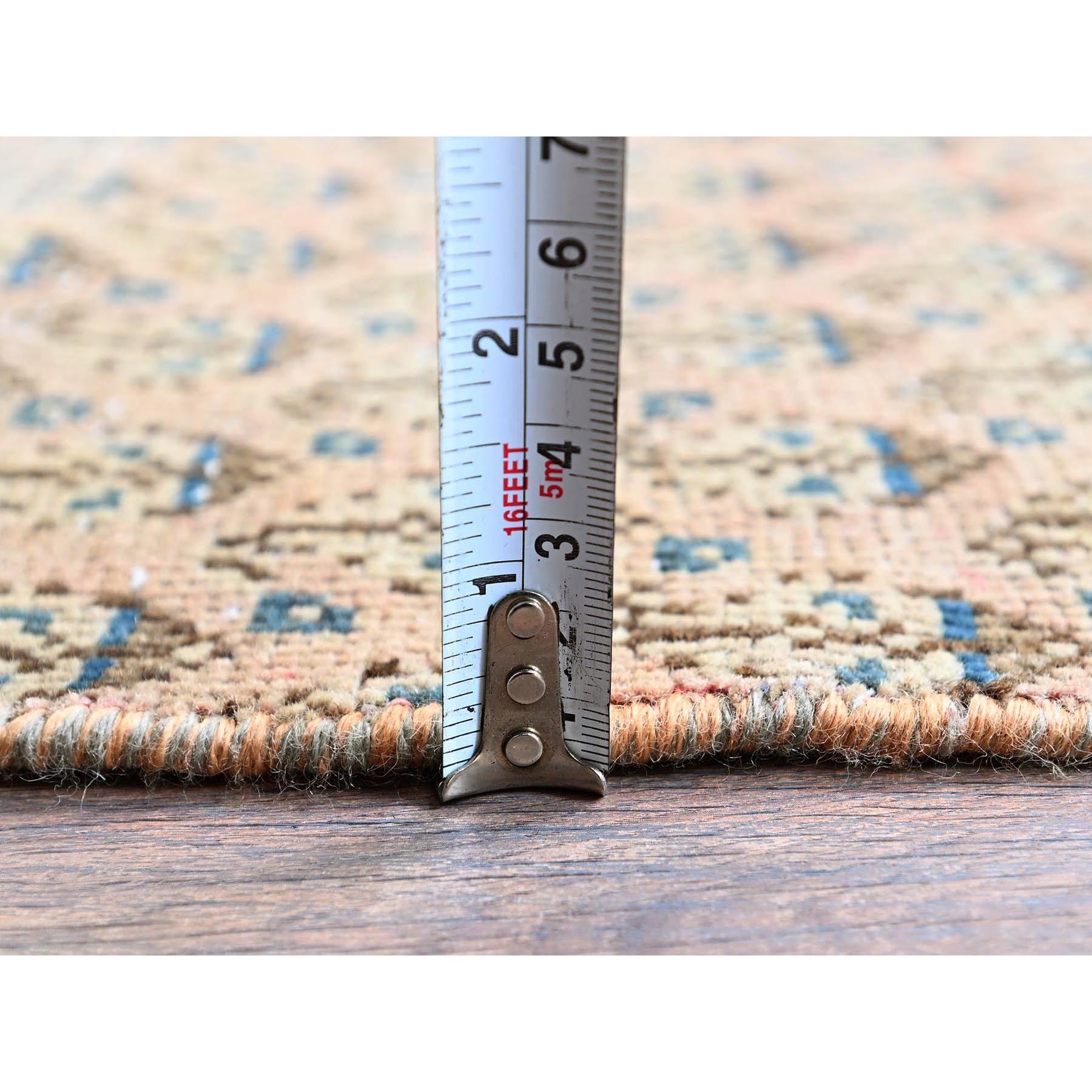 2'4"x10'1" Peach Color, Vintage Persian Tabriz with All Over Repetitive Intricate Paisley Design, Shaved Down, Zero Pile, Sides and Ends Professionally Secured, Hand Knotted, Pure Wool, Fragment, Narrow Runner, Oriental Rug Sh826