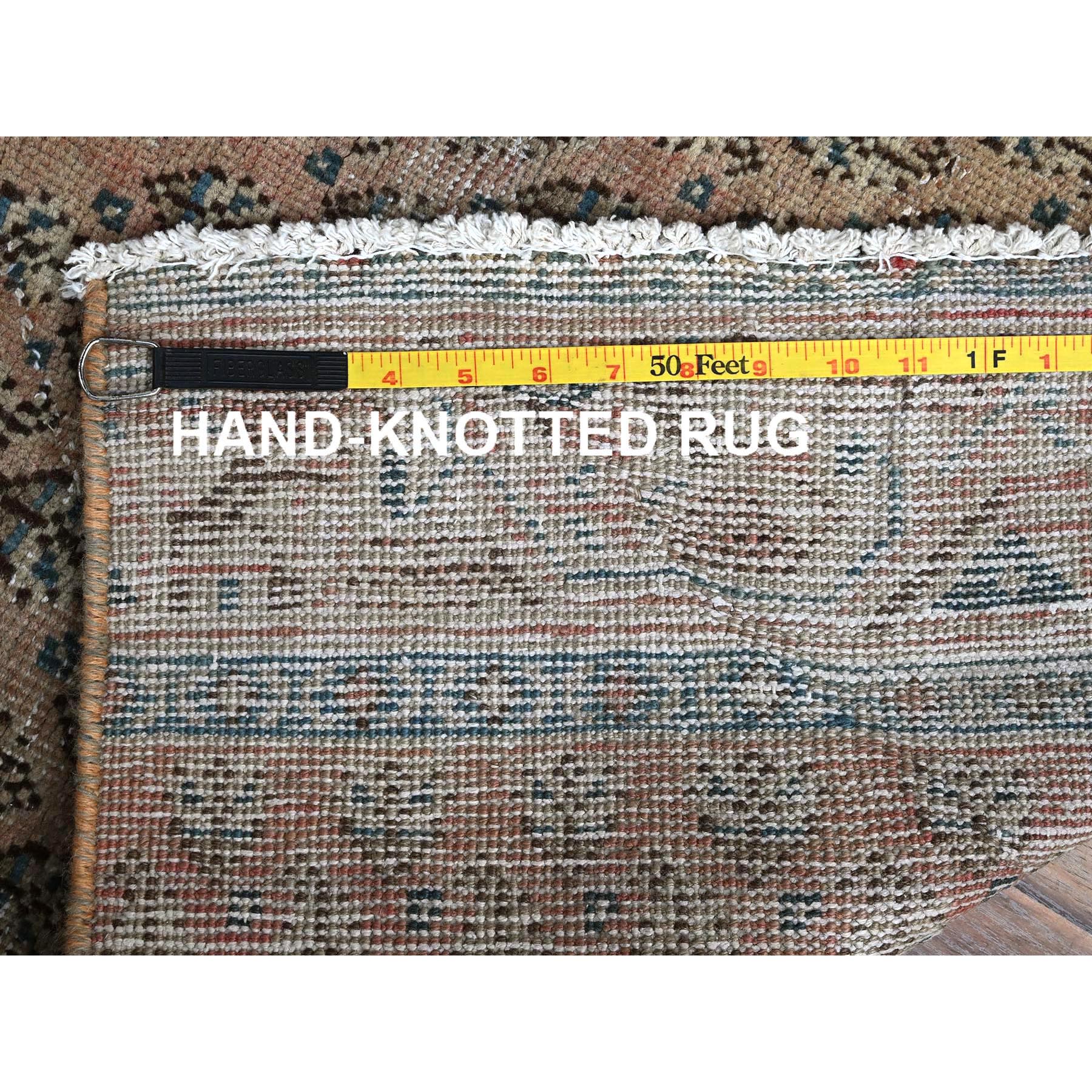 2'4"x10'1" Peach Color, Vintage Persian Tabriz with All Over Repetitive Intricate Paisley Design, Shaved Down, Zero Pile, Sides and Ends Professionally Secured, Hand Knotted, Pure Wool, Fragment, Narrow Runner, Oriental Rug Sh826