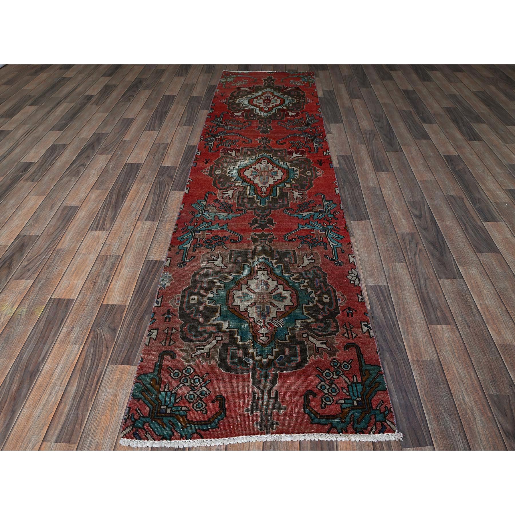 2'5"x9'6" Scarlet Red, Vintage Persian Tabriz with Tribal Medallions Design, Distinct Abrash, Sheared Low, Zero Pile, Sides and Ends Professionally Secured, Hand Knotted, Pure Wool, Fragment, Narrow Runner, Oriental Rug Sh828