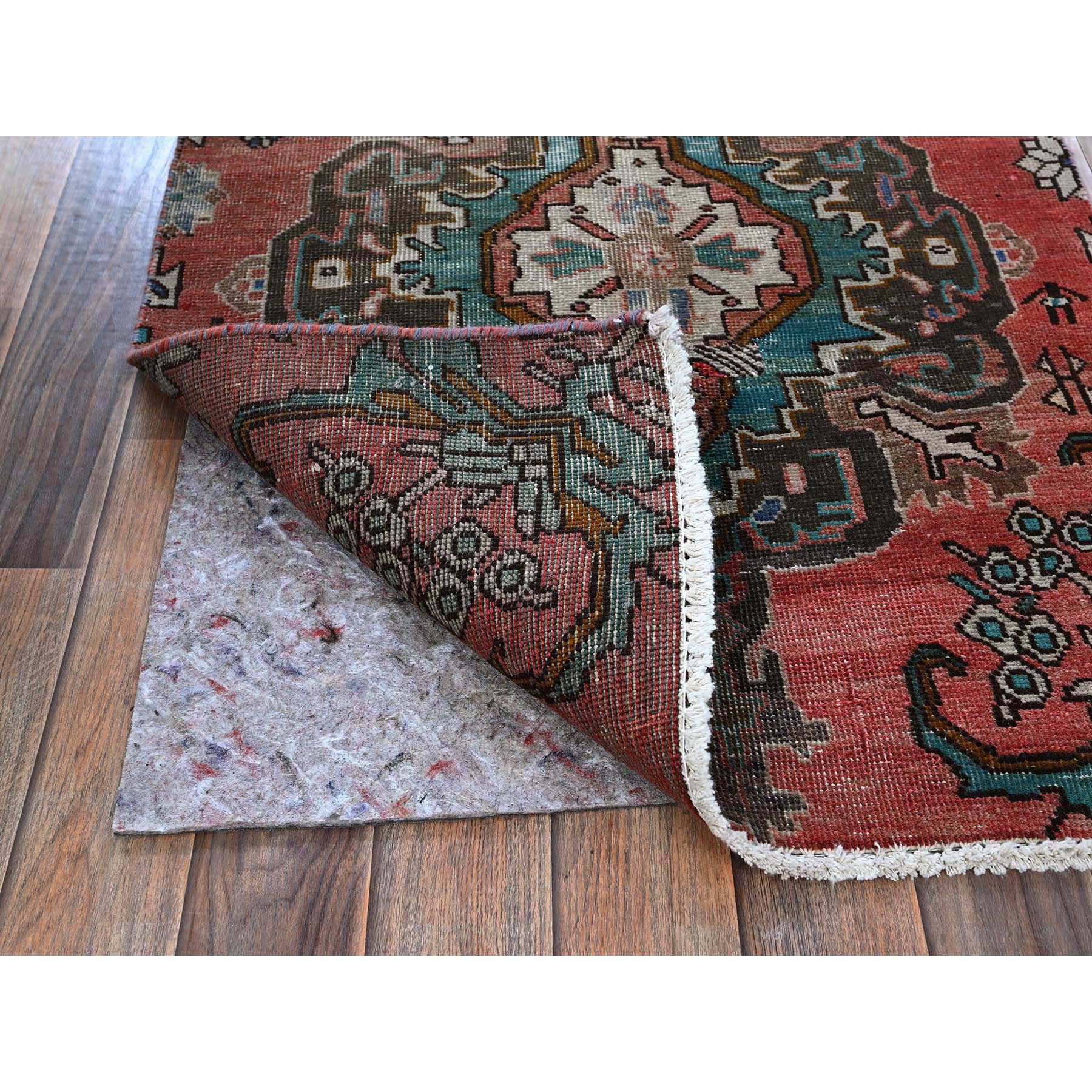 2'5"x9'6" Scarlet Red, Vintage Persian Tabriz with Tribal Medallions Design, Distinct Abrash, Sheared Low, Zero Pile, Sides and Ends Professionally Secured, Hand Knotted, Pure Wool, Fragment, Narrow Runner, Oriental Rug Sh828
