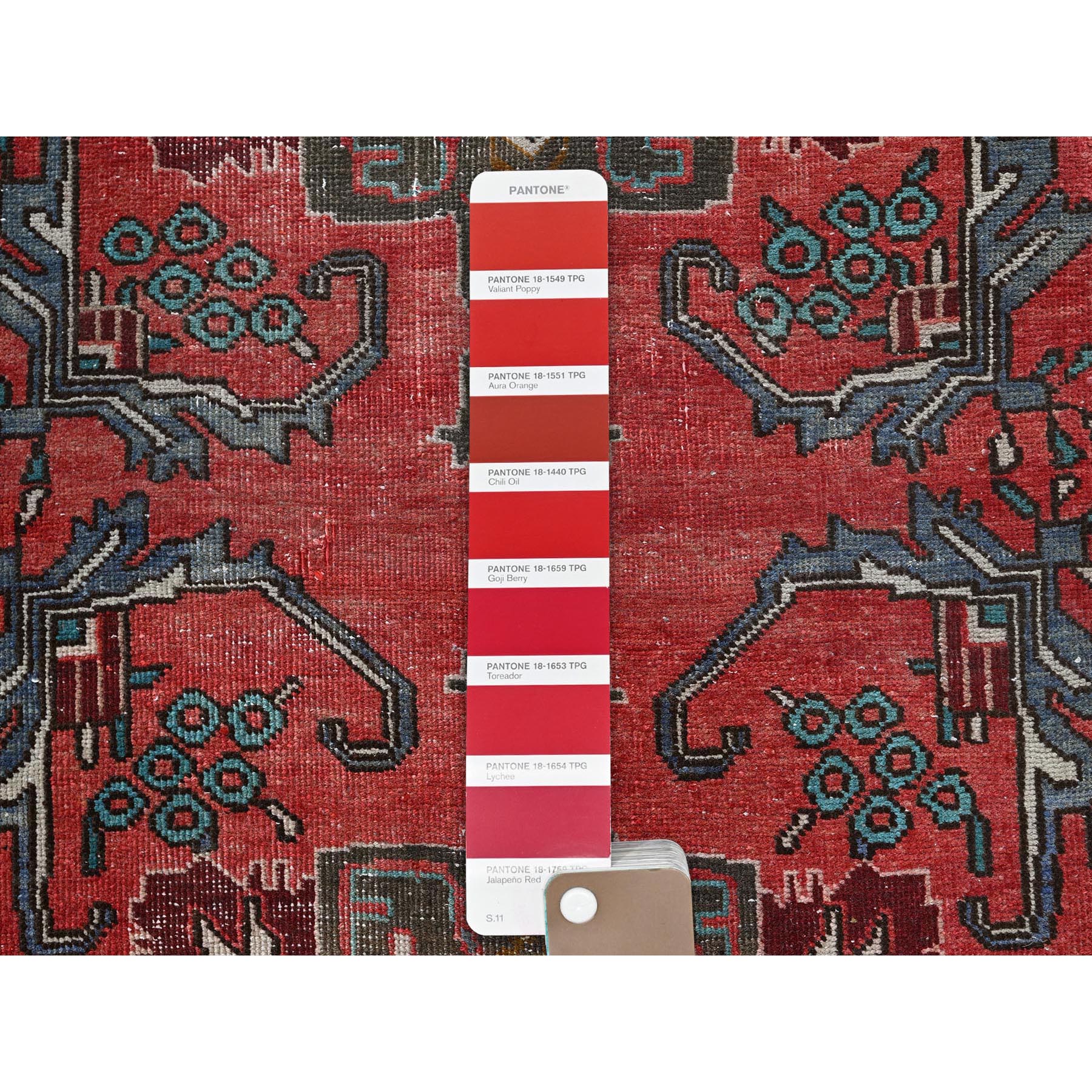 2'5"x9'6" Scarlet Red, Vintage Persian Tabriz with Tribal Medallions Design, Distinct Abrash, Sheared Low, Zero Pile, Sides and Ends Professionally Secured, Hand Knotted, Pure Wool, Fragment, Narrow Runner, Oriental Rug Sh828