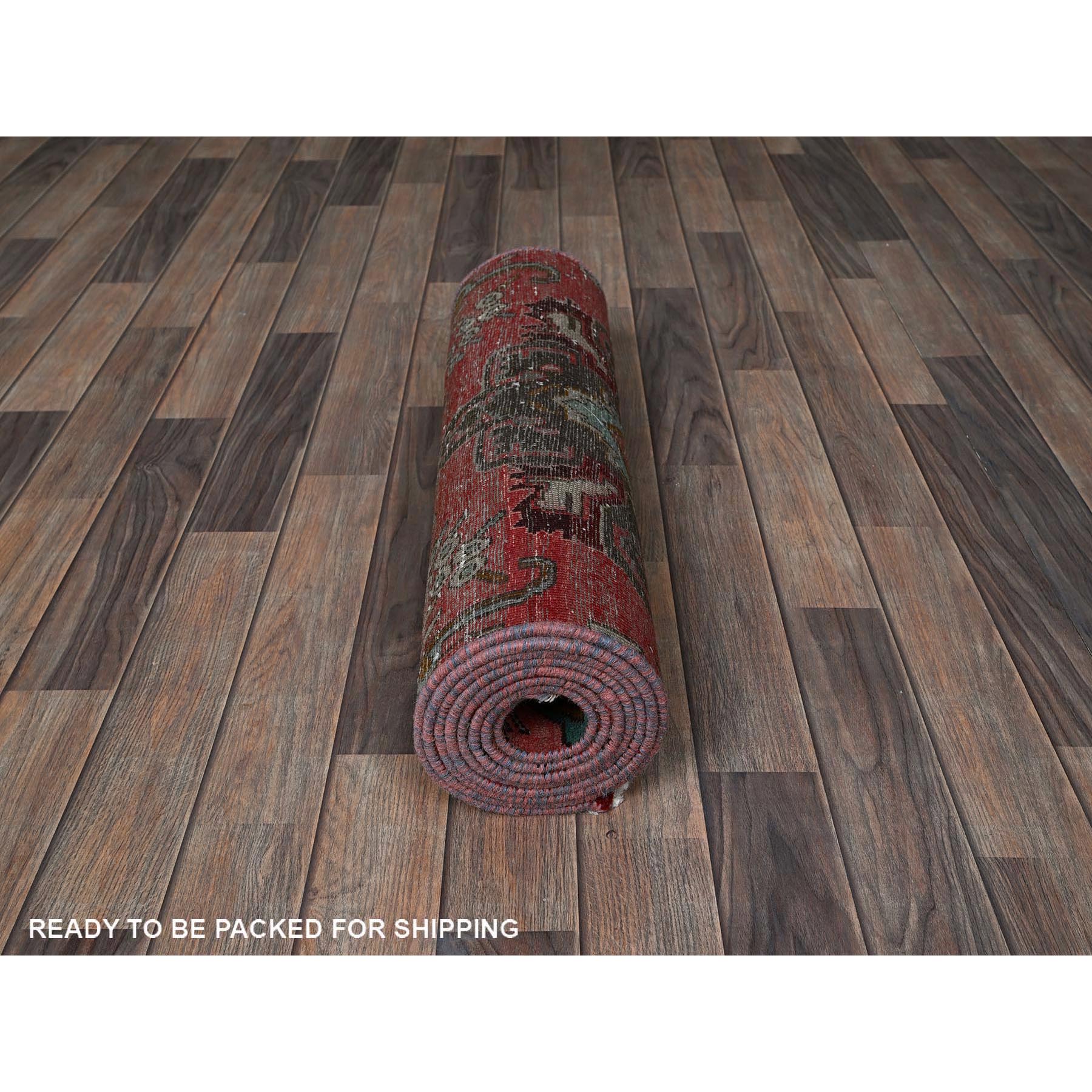 2'5"x9'6" Scarlet Red, Vintage Persian Tabriz with Tribal Medallions Design, Distinct Abrash, Sheared Low, Zero Pile, Sides and Ends Professionally Secured, Hand Knotted, Pure Wool, Fragment, Narrow Runner, Oriental Rug Sh828