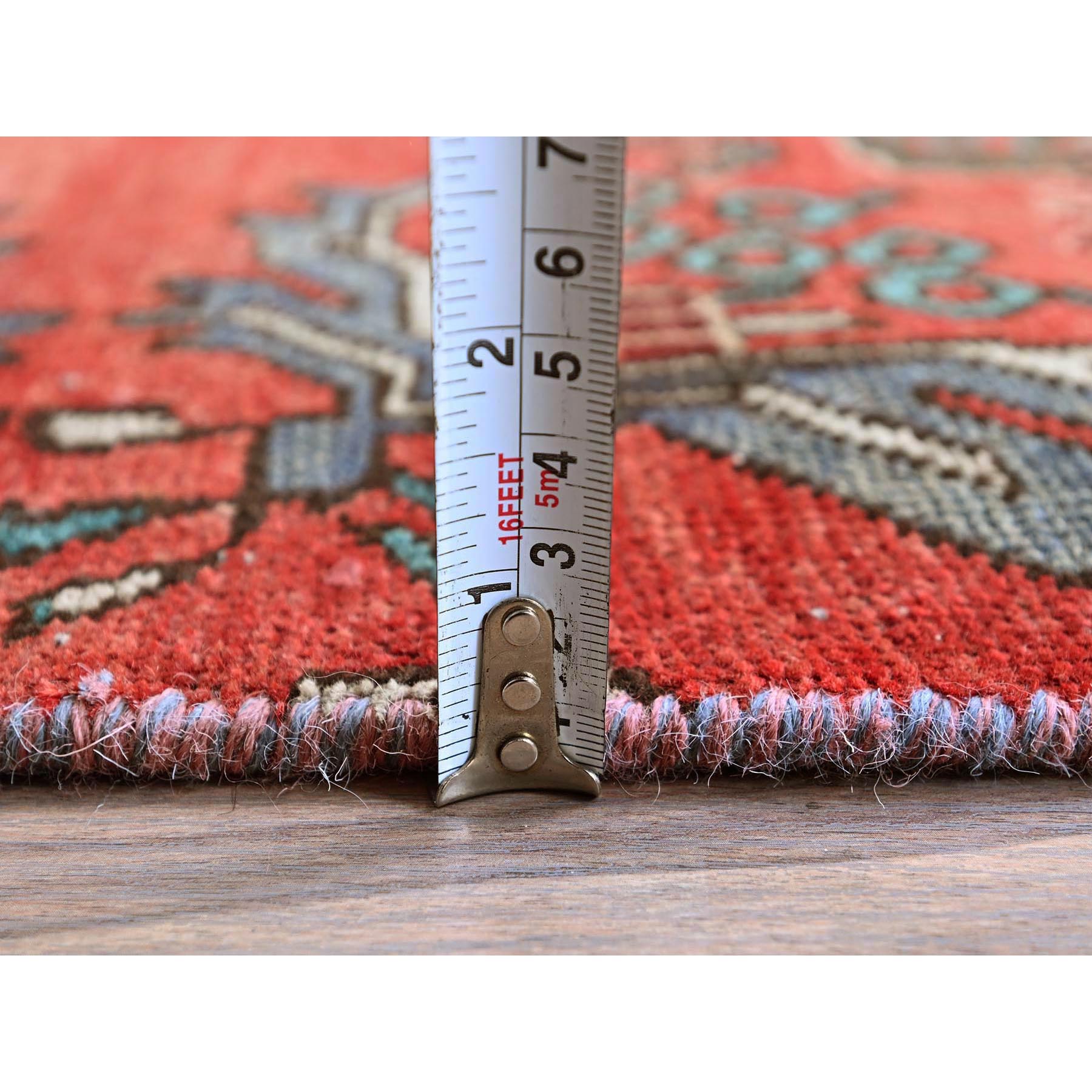 2'5"x9'6" Scarlet Red, Vintage Persian Tabriz with Tribal Medallions Design, Distinct Abrash, Sheared Low, Zero Pile, Sides and Ends Professionally Secured, Hand Knotted, Pure Wool, Fragment, Narrow Runner, Oriental Rug Sh828