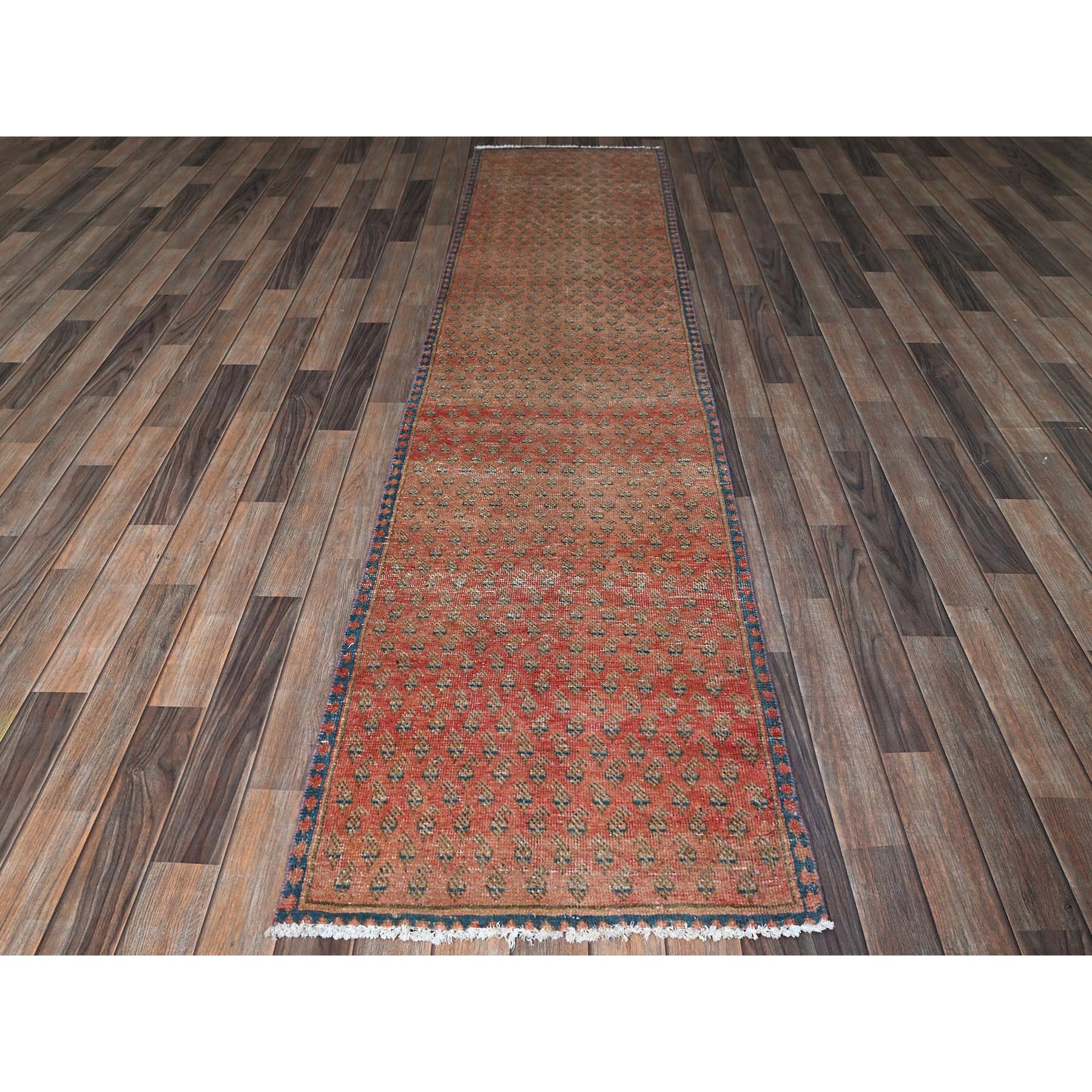 2'3"x9' Blush Red, Repetitive Boteh Design with Distinct Abrash, Vintage Persian Tabriz, Shaved Down, Zero Pile, Sides and Ends Professionally Secured, Hand Knotted, 100% Wool, Narrow Runner, Oriental Rug Sh829