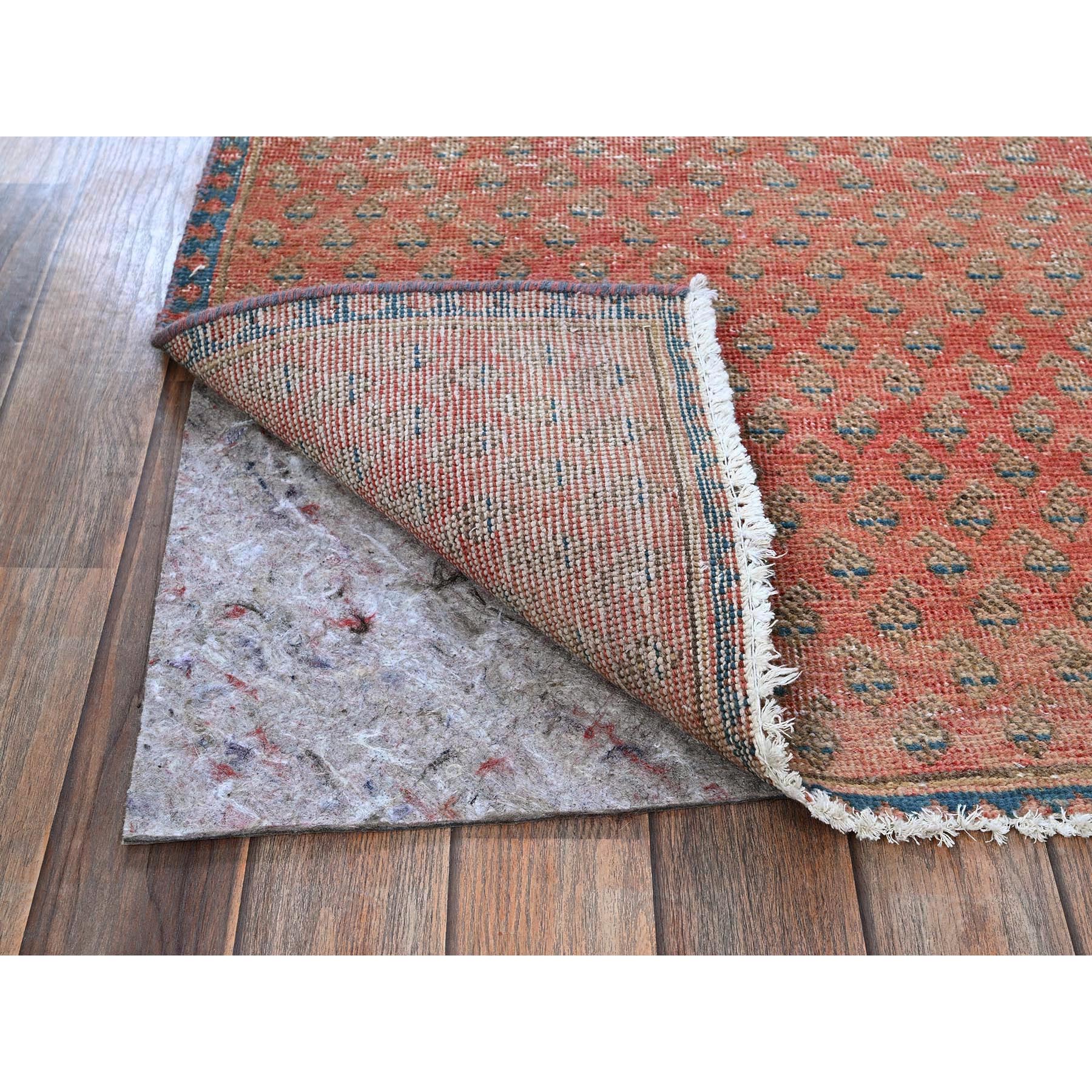 2'3"x9' Blush Red, Repetitive Boteh Design with Distinct Abrash, Vintage Persian Tabriz, Shaved Down, Zero Pile, Sides and Ends Professionally Secured, Hand Knotted, 100% Wool, Narrow Runner, Oriental Rug Sh829