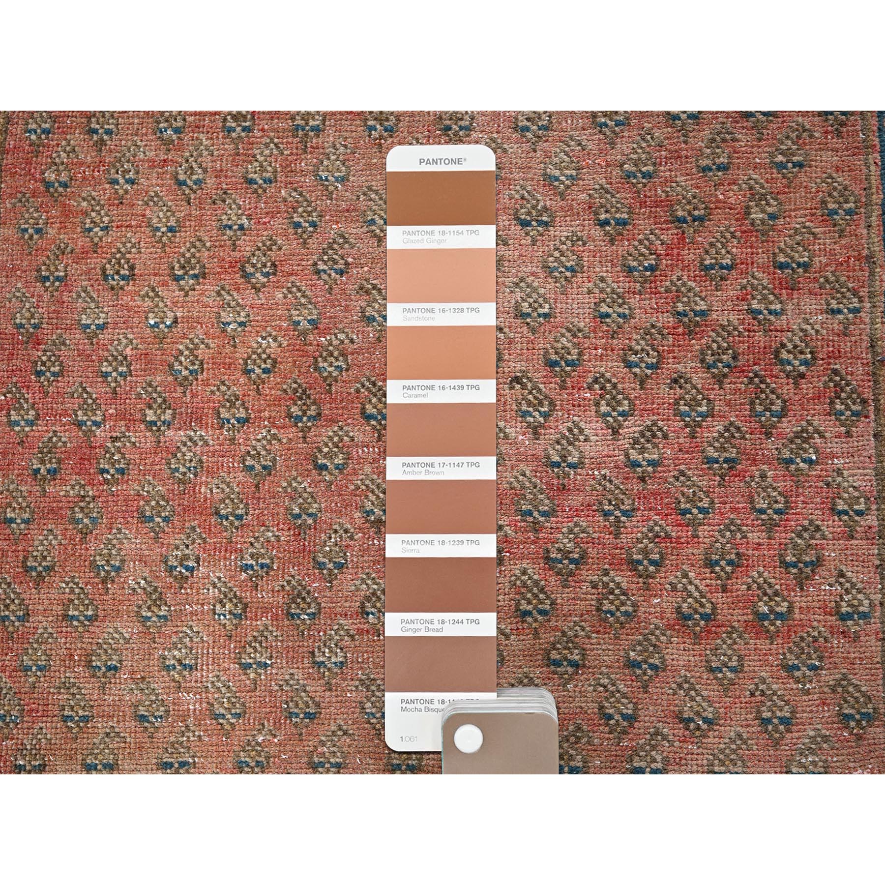 2'3"x9' Blush Red, Repetitive Boteh Design with Distinct Abrash, Vintage Persian Tabriz, Shaved Down, Zero Pile, Sides and Ends Professionally Secured, Hand Knotted, 100% Wool, Narrow Runner, Oriental Rug Sh829