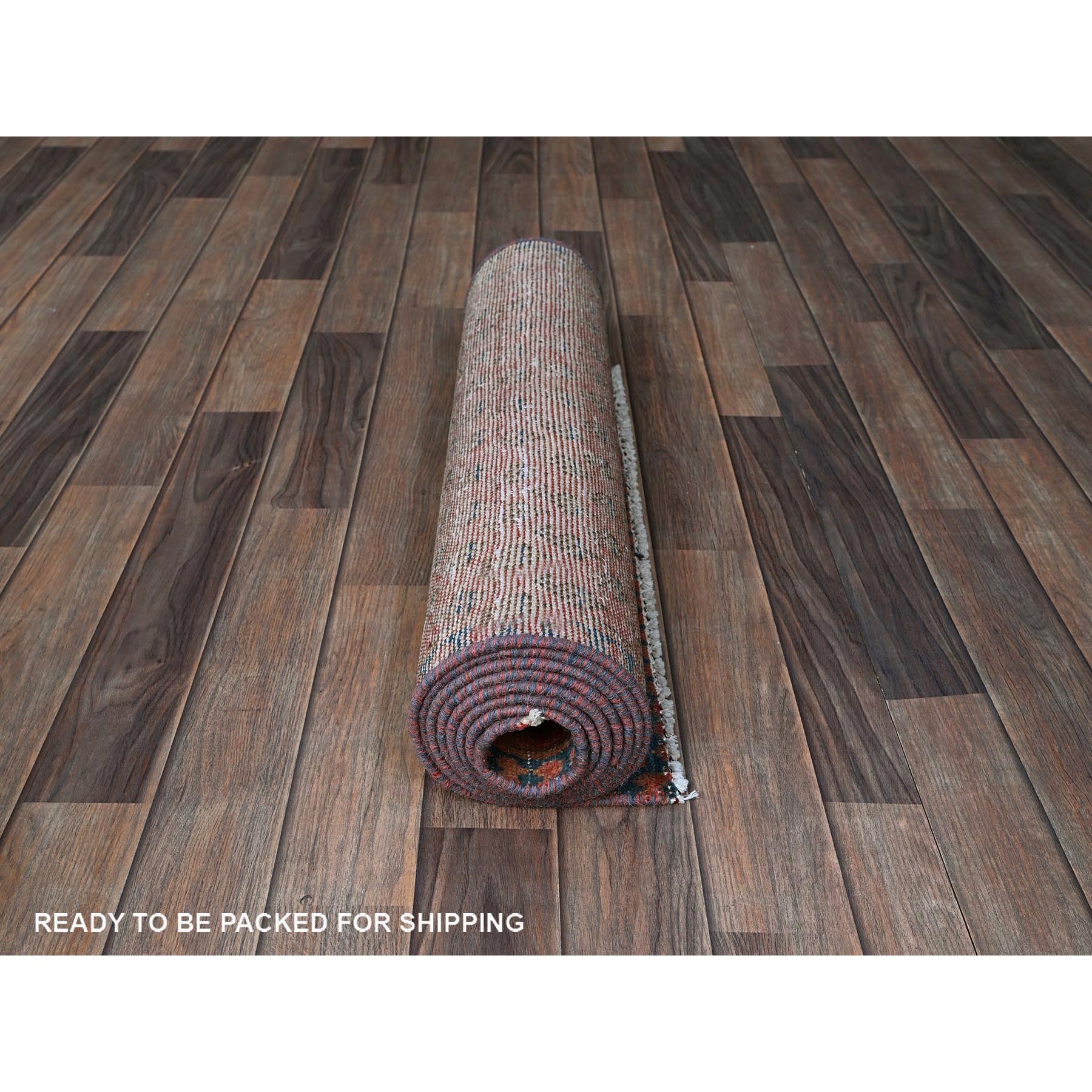 2'3"x9' Blush Red, Repetitive Boteh Design with Distinct Abrash, Vintage Persian Tabriz, Shaved Down, Zero Pile, Sides and Ends Professionally Secured, Hand Knotted, 100% Wool, Narrow Runner, Oriental Rug Sh829