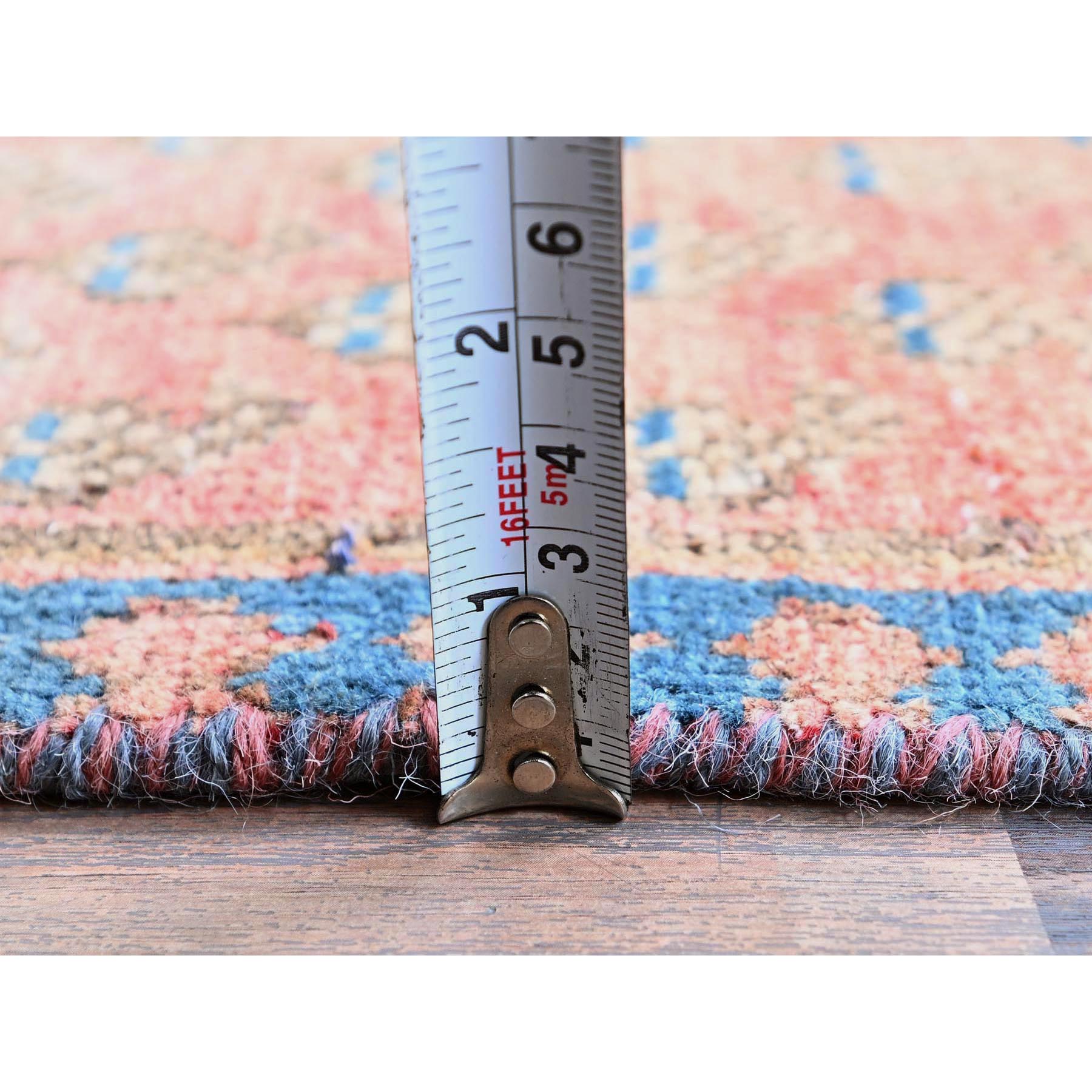 2'3"x9' Blush Red, Repetitive Boteh Design with Distinct Abrash, Vintage Persian Tabriz, Shaved Down, Zero Pile, Sides and Ends Professionally Secured, Hand Knotted, 100% Wool, Narrow Runner, Oriental Rug Sh829