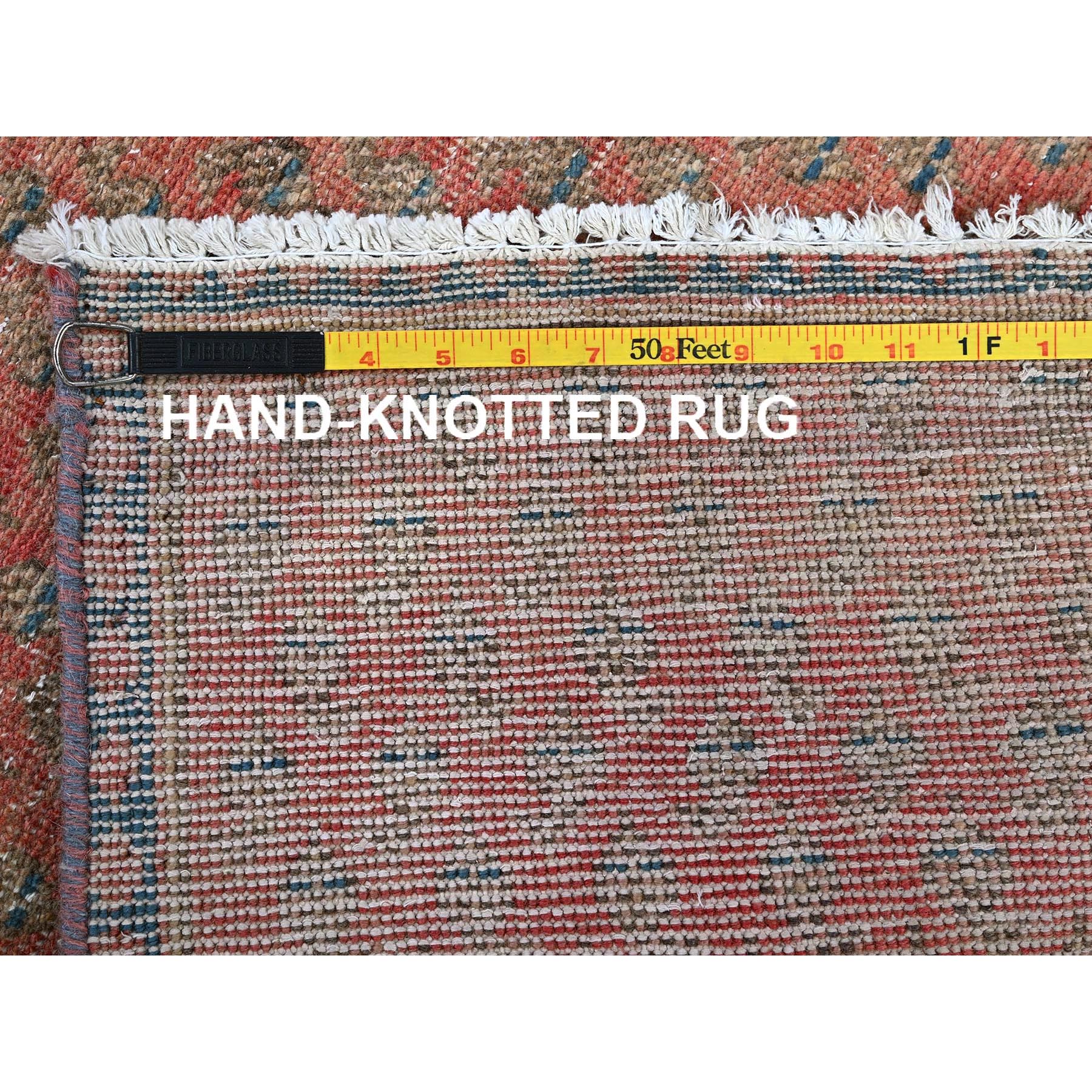 2'3"x9' Blush Red, Repetitive Boteh Design with Distinct Abrash, Vintage Persian Tabriz, Shaved Down, Zero Pile, Sides and Ends Professionally Secured, Hand Knotted, 100% Wool, Narrow Runner, Oriental Rug Sh829