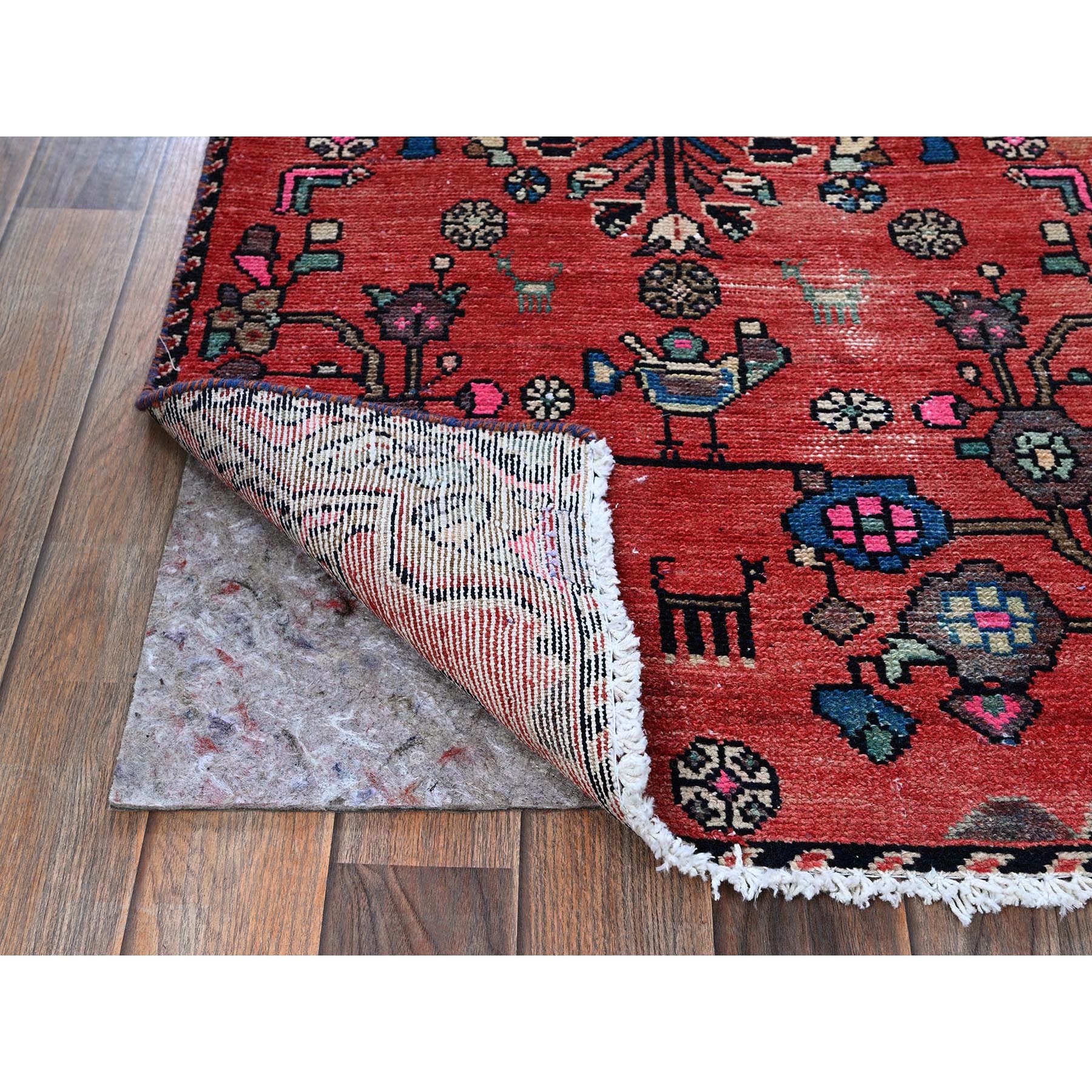 2'3"x9'6" Crimson Red, Vintage Persian Hamadan with Small Animal Figurines, Distressed, Shaved Low, Zero Pile, Sides and Ends Professionally Secured, Hand Knotted, Pure Wool, Narrow Runner, Oriental Rug Sh830
