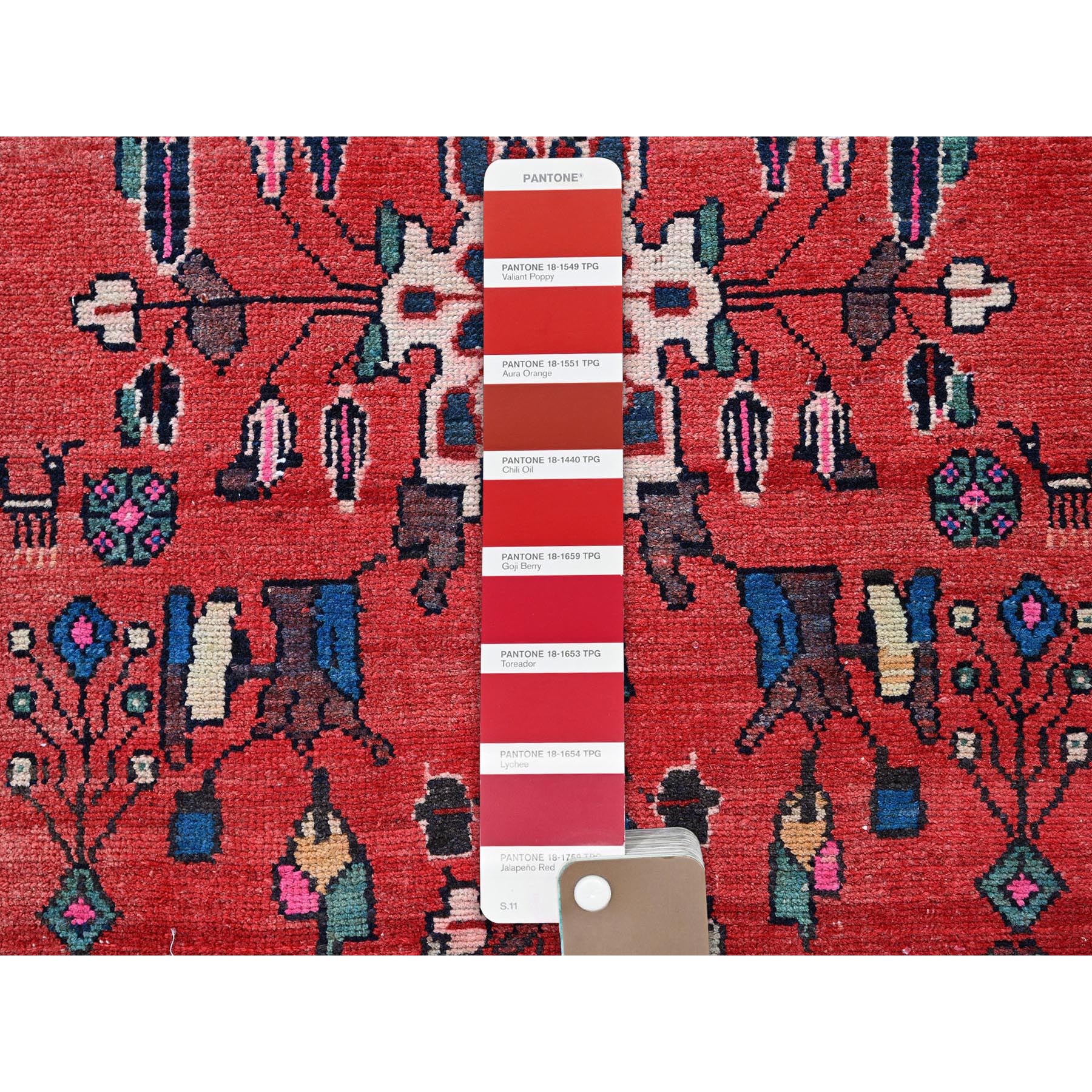 2'3"x9'6" Crimson Red, Vintage Persian Hamadan with Small Animal Figurines, Distressed, Shaved Low, Zero Pile, Sides and Ends Professionally Secured, Hand Knotted, Pure Wool, Narrow Runner, Oriental Rug Sh830