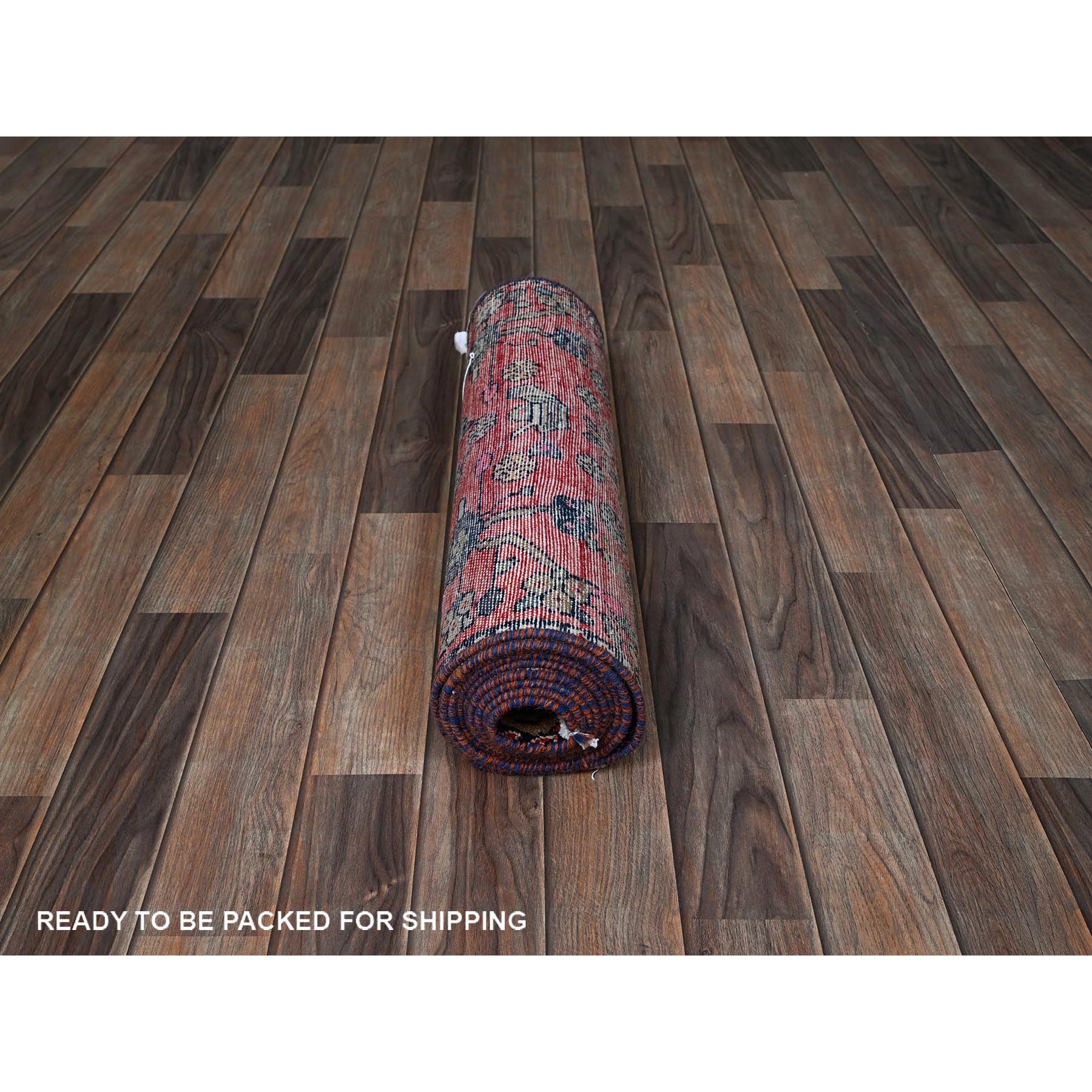 2'3"x9'6" Crimson Red, Vintage Persian Hamadan with Small Animal Figurines, Distressed, Shaved Low, Zero Pile, Sides and Ends Professionally Secured, Hand Knotted, Pure Wool, Narrow Runner, Oriental Rug Sh830