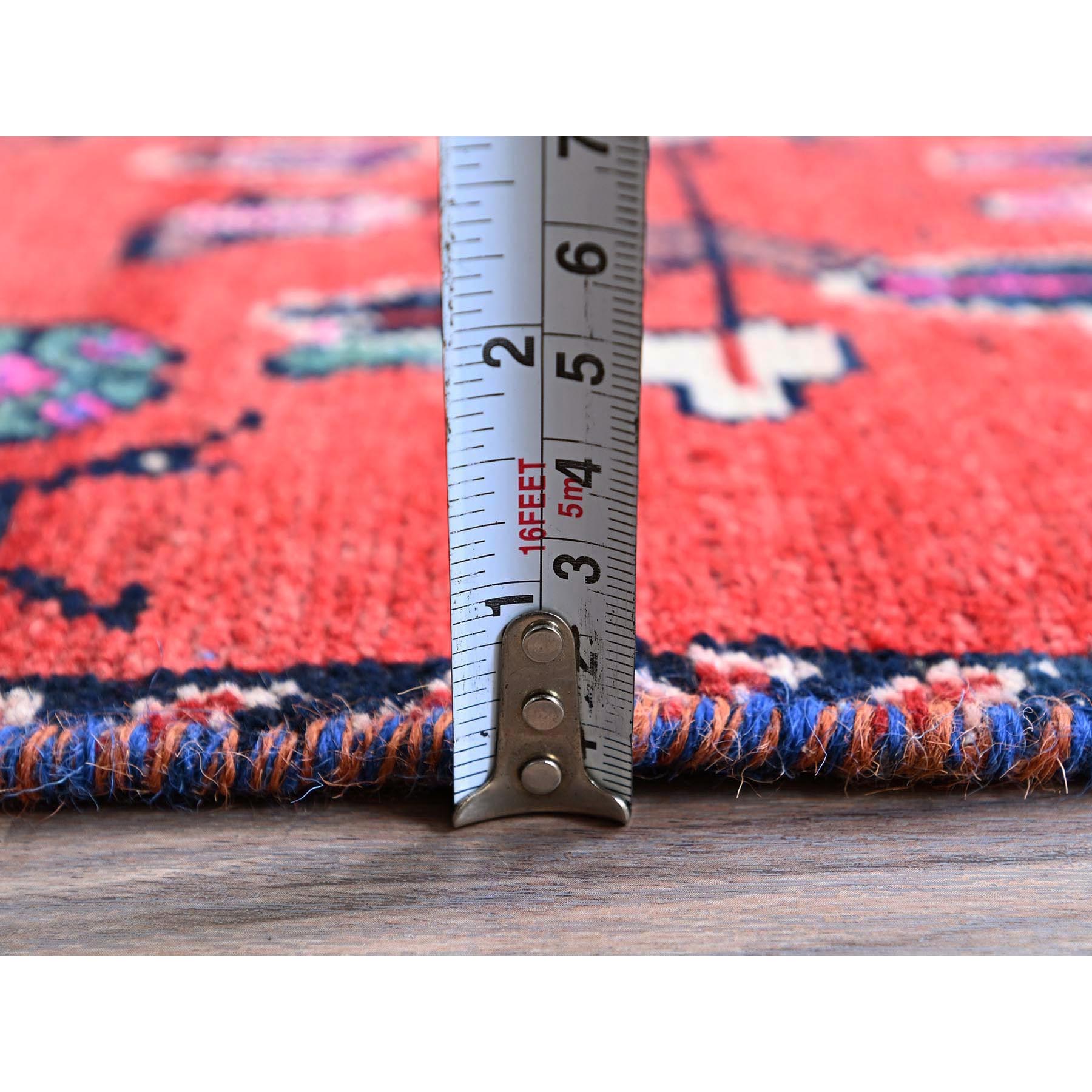 2'3"x9'6" Crimson Red, Vintage Persian Hamadan with Small Animal Figurines, Distressed, Shaved Low, Zero Pile, Sides and Ends Professionally Secured, Hand Knotted, Pure Wool, Narrow Runner, Oriental Rug Sh830