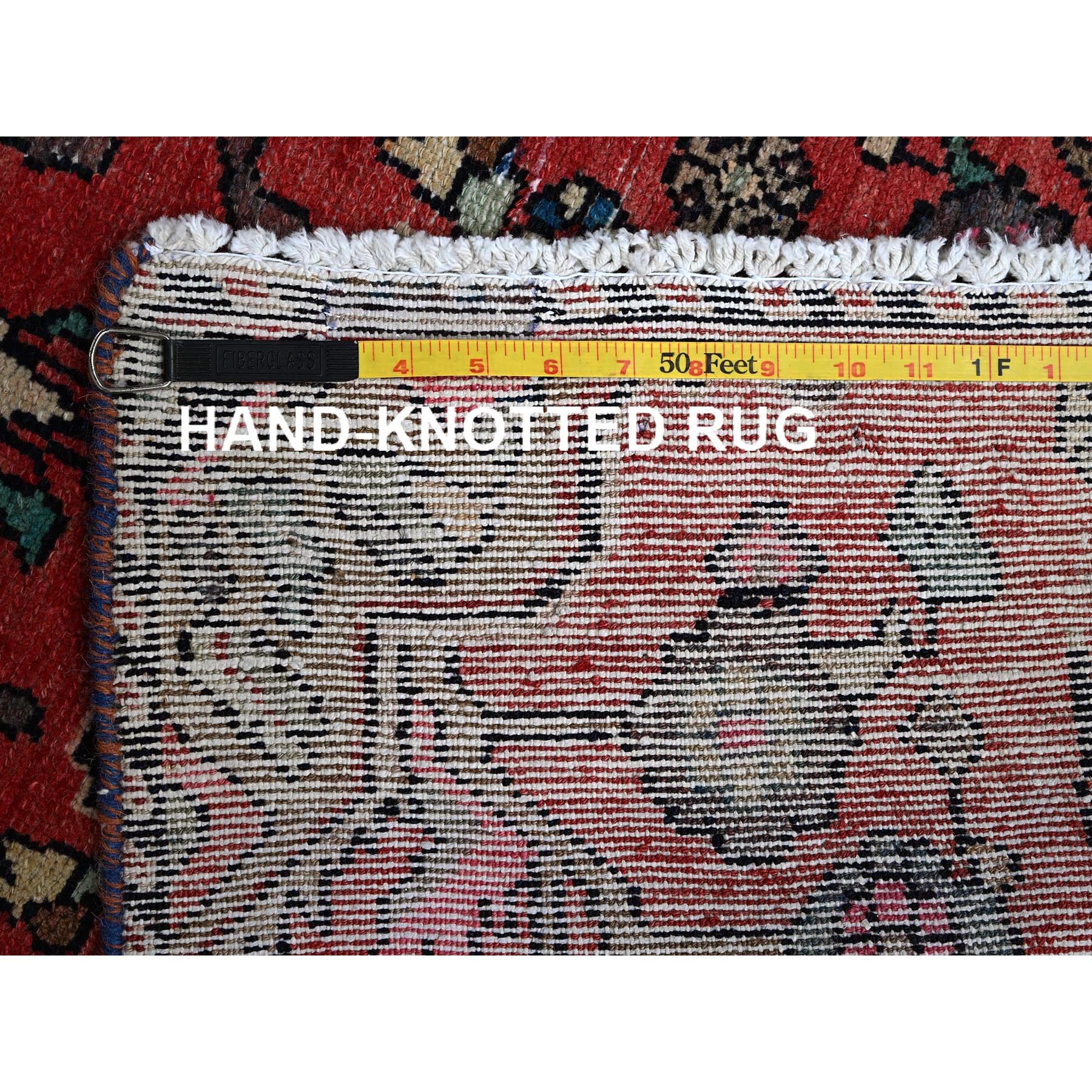 2'3"x9'6" Crimson Red, Vintage Persian Hamadan with Small Animal Figurines, Distressed, Shaved Low, Zero Pile, Sides and Ends Professionally Secured, Hand Knotted, Pure Wool, Narrow Runner, Oriental Rug Sh830