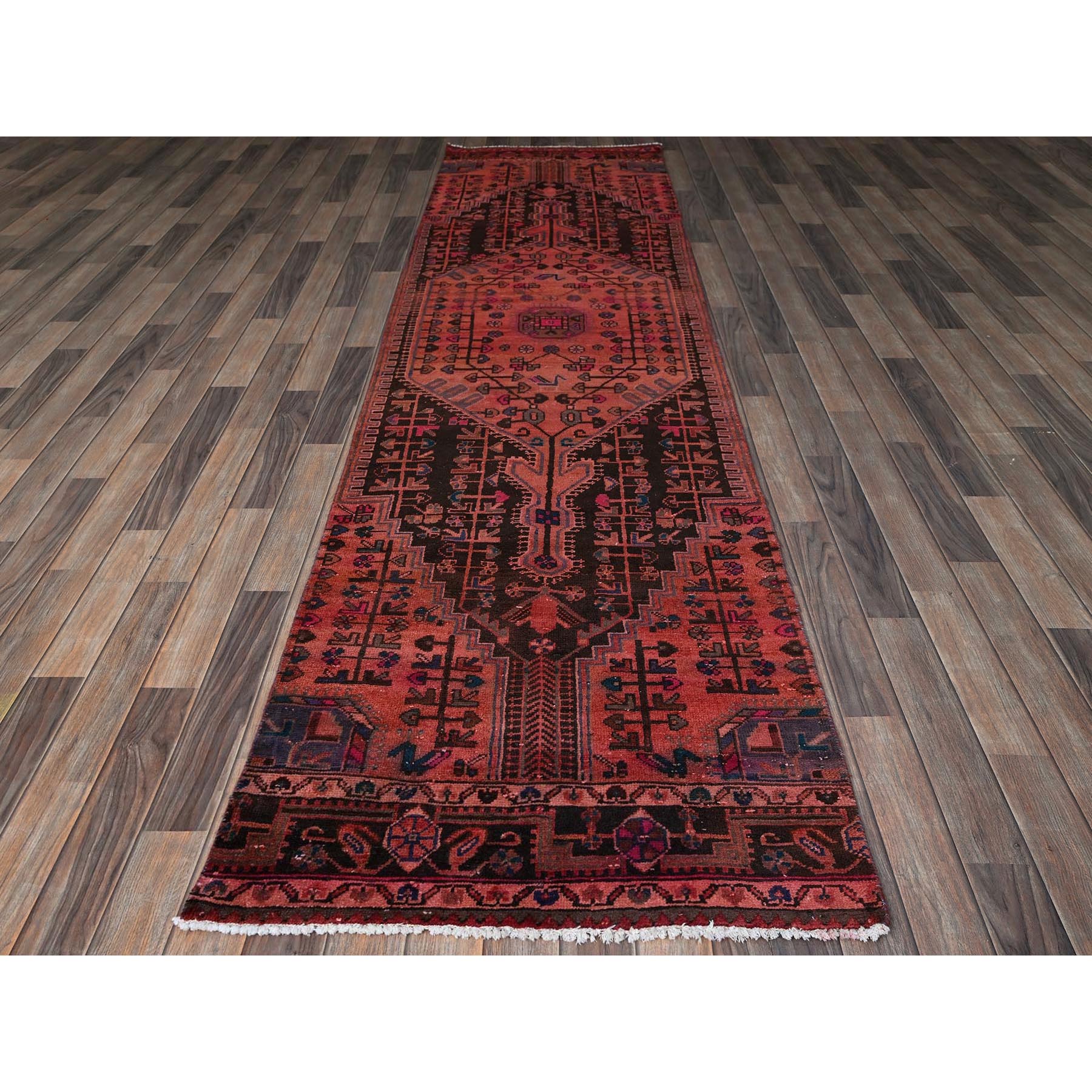 3'x11' Dark Coral, Overdyed Vintage Persian Hamadan with Geometric Pattern, Cropped Thin, Zero Pile, Sides and Ends Professionally Secured, Hand Knotted, Pure Wool, Runner, Oriental Rug Sh831