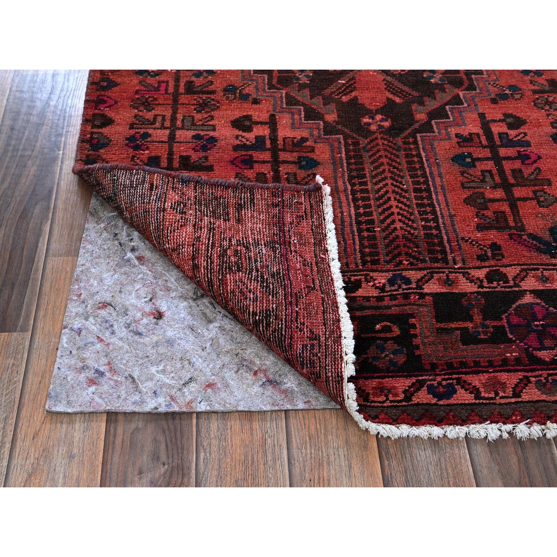 3'x11' Dark Coral, Overdyed Vintage Persian Hamadan with Geometric Pattern, Cropped Thin, Zero Pile, Sides and Ends Professionally Secured, Hand Knotted, Pure Wool, Runner, Oriental Rug Sh831