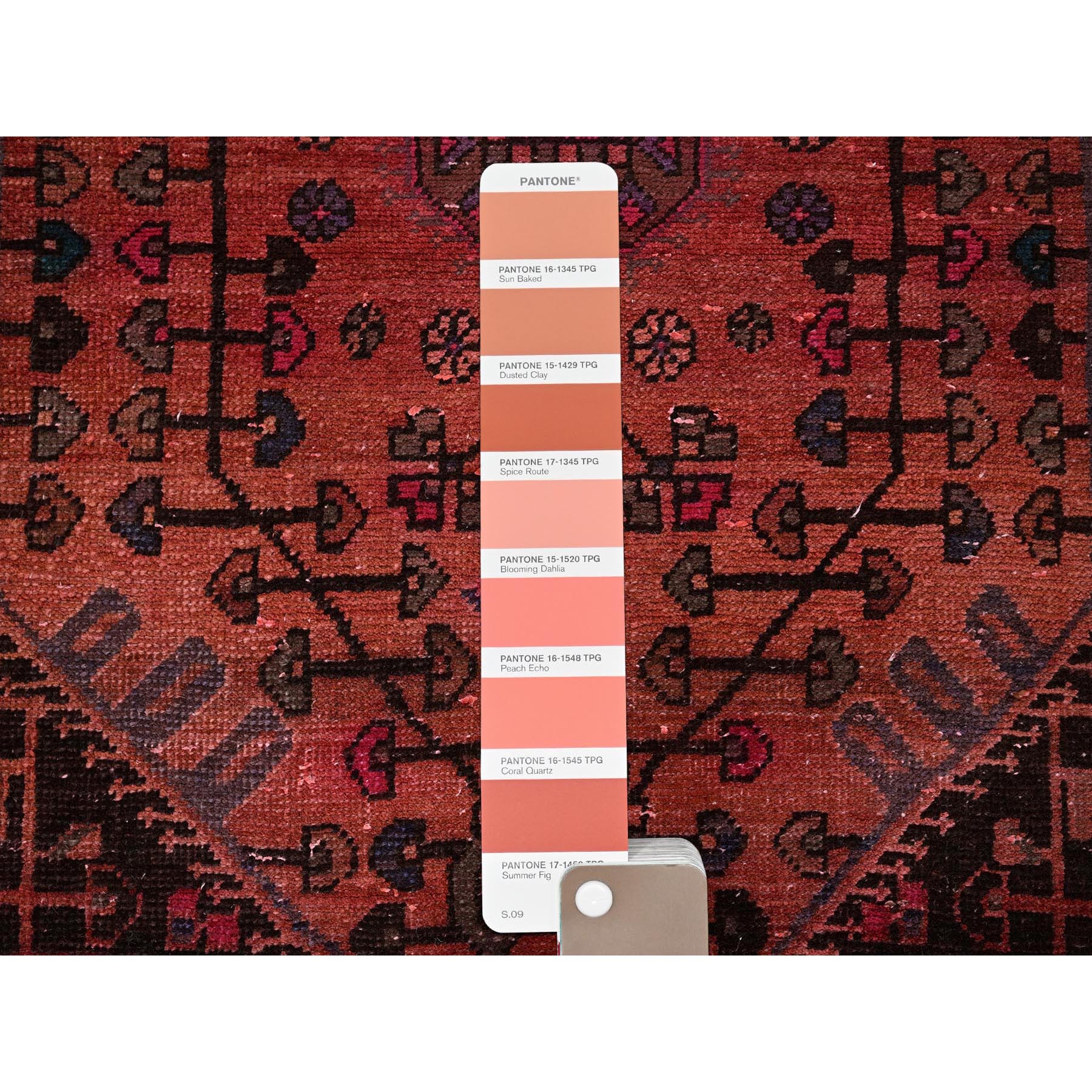 3'x11' Dark Coral, Overdyed Vintage Persian Hamadan with Geometric Pattern, Cropped Thin, Zero Pile, Sides and Ends Professionally Secured, Hand Knotted, Pure Wool, Runner, Oriental Rug Sh831