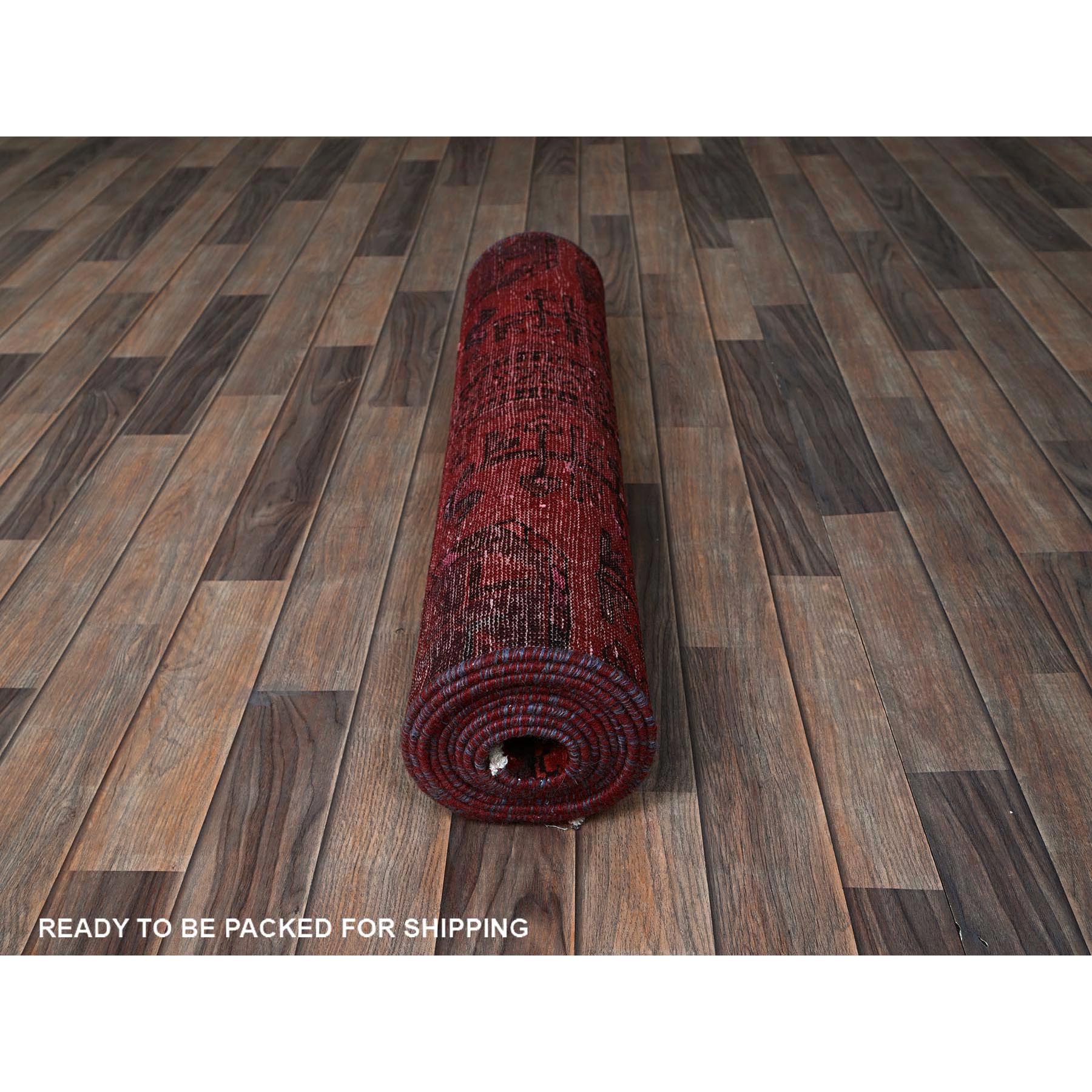 3'x11' Dark Coral, Overdyed Vintage Persian Hamadan with Geometric Pattern, Cropped Thin, Zero Pile, Sides and Ends Professionally Secured, Hand Knotted, Pure Wool, Runner, Oriental Rug Sh831