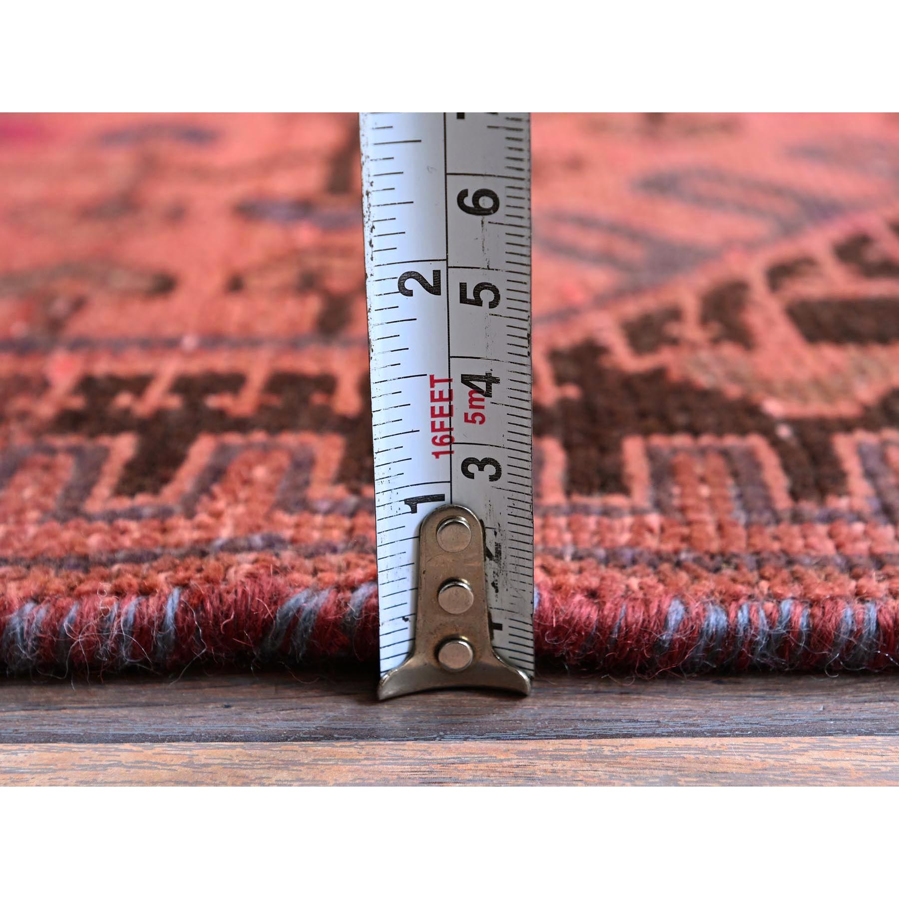 3'x11' Dark Coral, Overdyed Vintage Persian Hamadan with Geometric Pattern, Cropped Thin, Zero Pile, Sides and Ends Professionally Secured, Hand Knotted, Pure Wool, Runner, Oriental Rug Sh831