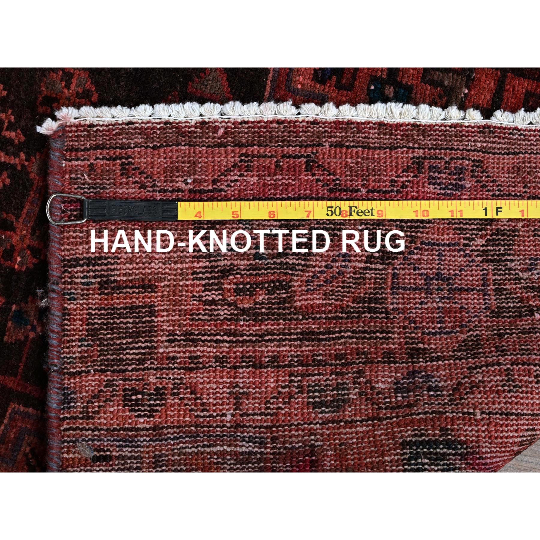 3'x11' Dark Coral, Overdyed Vintage Persian Hamadan with Geometric Pattern, Cropped Thin, Zero Pile, Sides and Ends Professionally Secured, Hand Knotted, Pure Wool, Runner, Oriental Rug Sh831