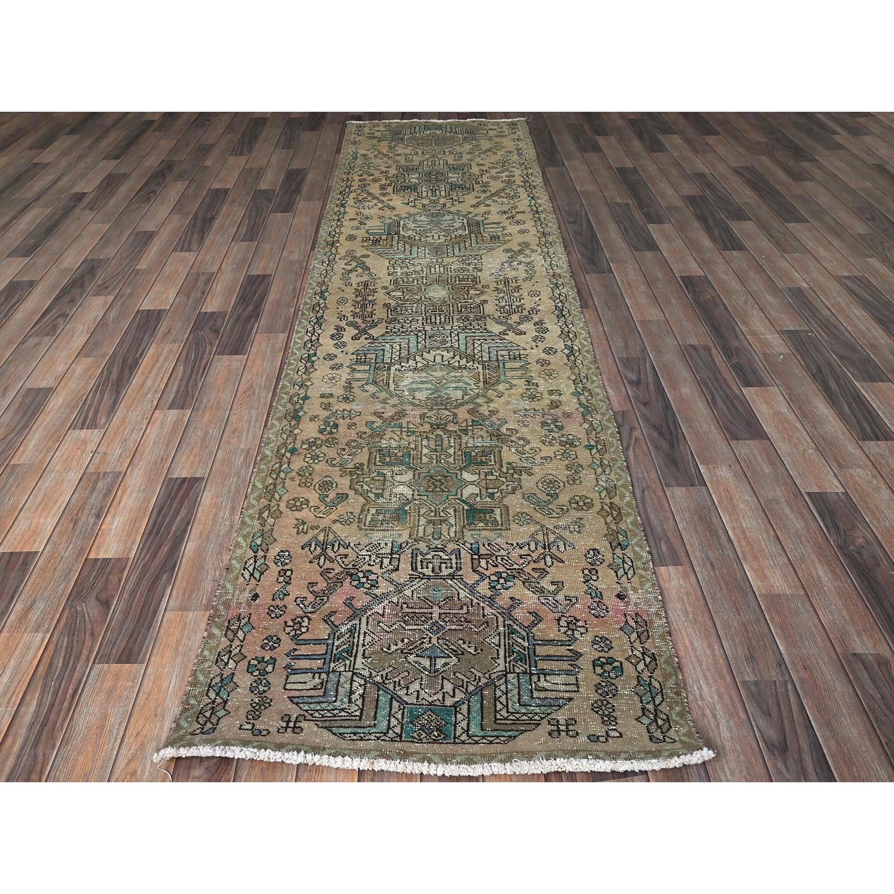 2'9"x10'7" Dark Vanilla Brown, Tea Washed, Vintage Persian Karajeh, Sheared Low, Zero Pile, Sides and Ends Professionally Secured, Hand Knotted, Pure Wool, Narrow Runner, Oriental Rug Sh832