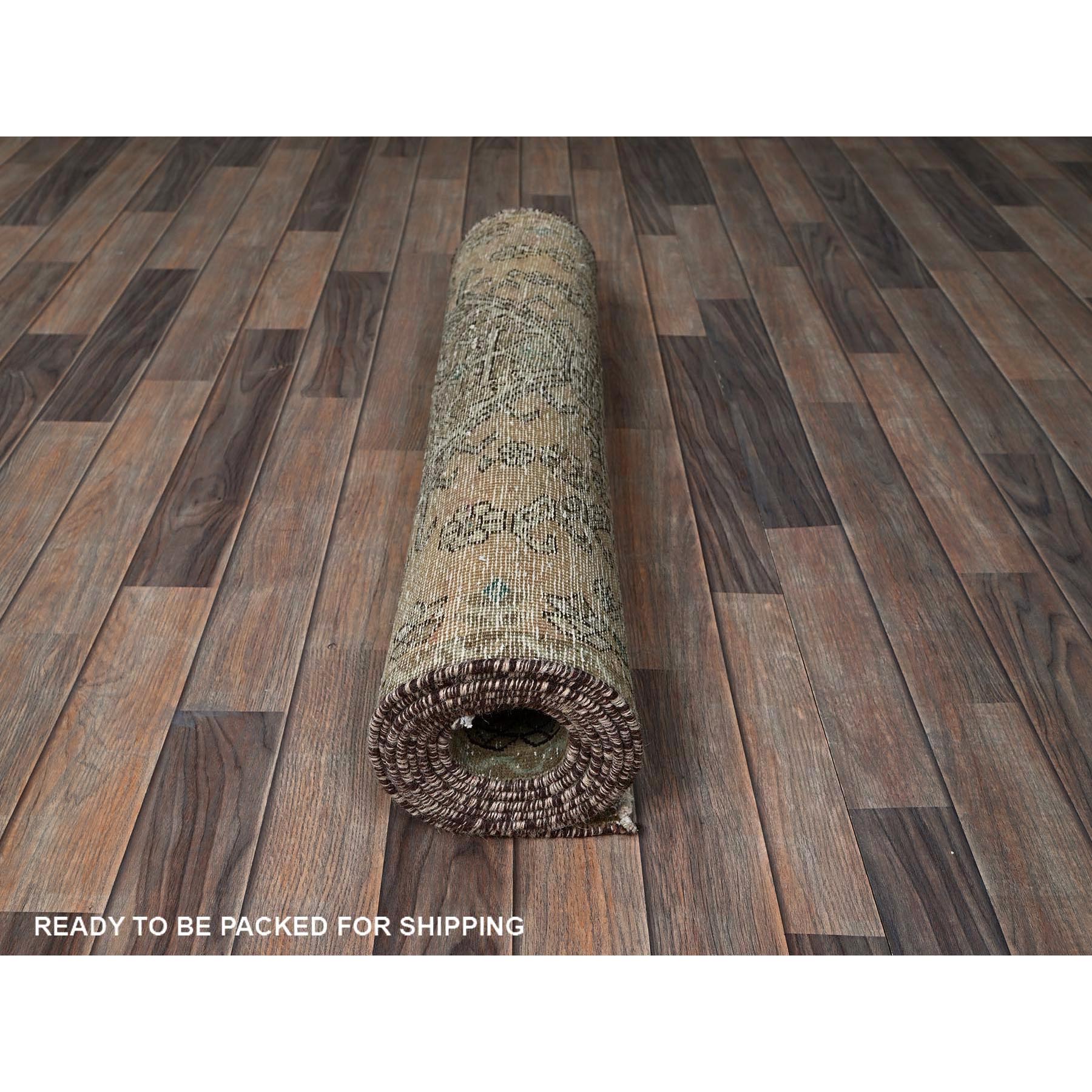 2'9"x10'7" Dark Vanilla Brown, Tea Washed, Vintage Persian Karajeh, Sheared Low, Zero Pile, Sides and Ends Professionally Secured, Hand Knotted, Pure Wool, Narrow Runner, Oriental Rug Sh832