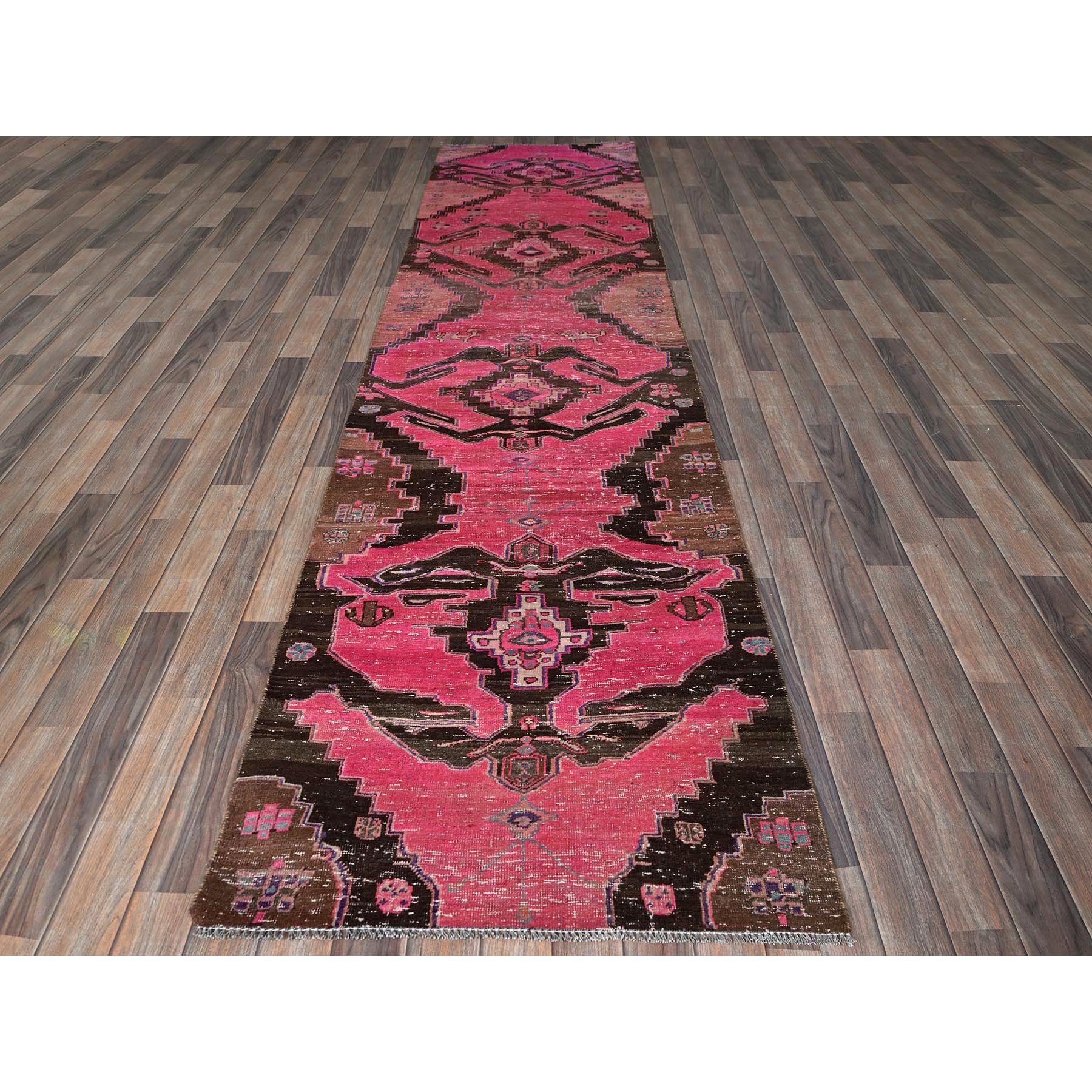 3'x11'4" Hot Pink, Overdyed Vintage Persian Hamadan with Eagle Design, Worn and Distressed, Cropped Thin, Zero Pile, Sides and Ends Professionally Secured, Hand Knotted, 100% Wool, Runner, Oriental Rug Sh833