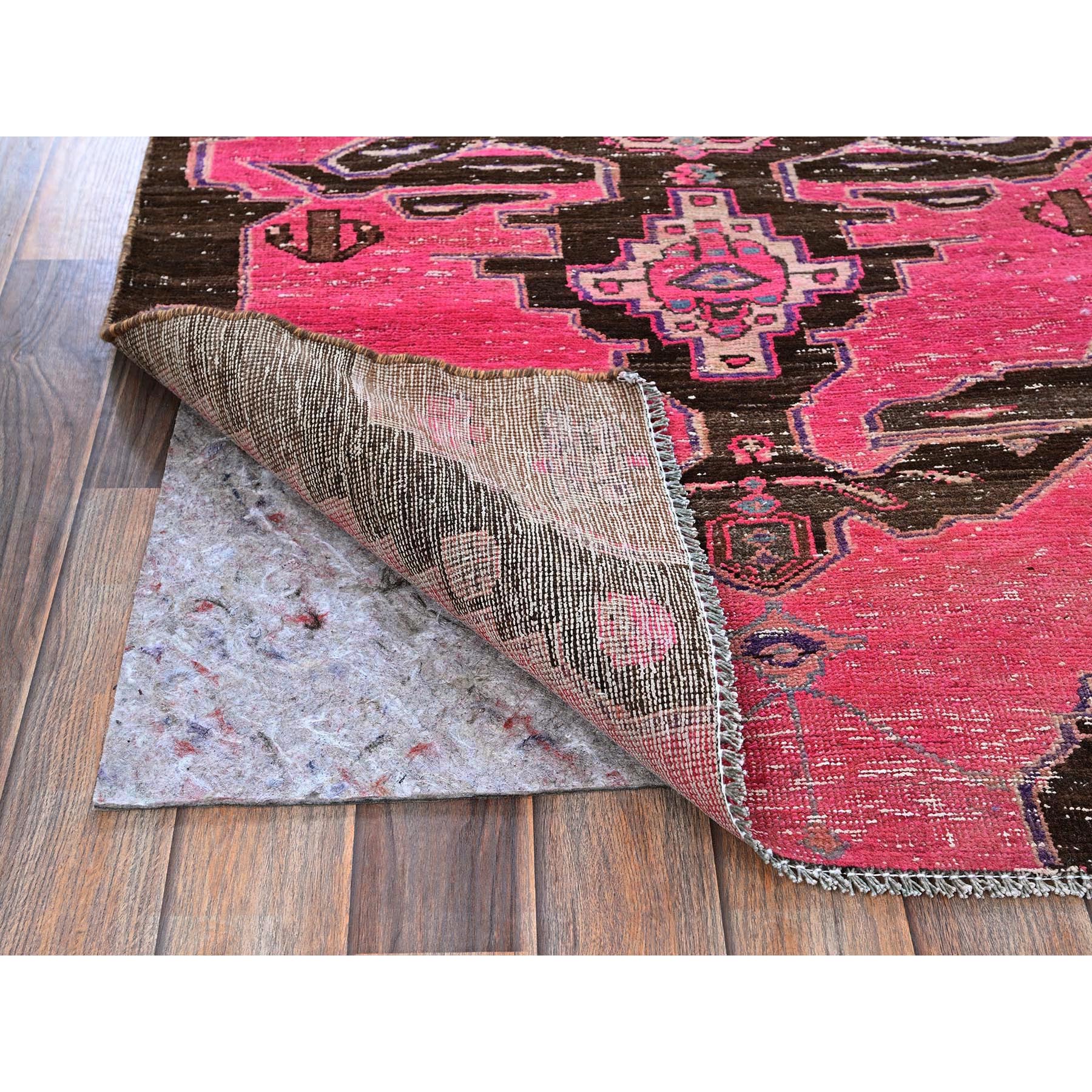 3'x11'4" Hot Pink, Overdyed Vintage Persian Hamadan with Eagle Design, Worn and Distressed, Cropped Thin, Zero Pile, Sides and Ends Professionally Secured, Hand Knotted, 100% Wool, Runner, Oriental Rug Sh833