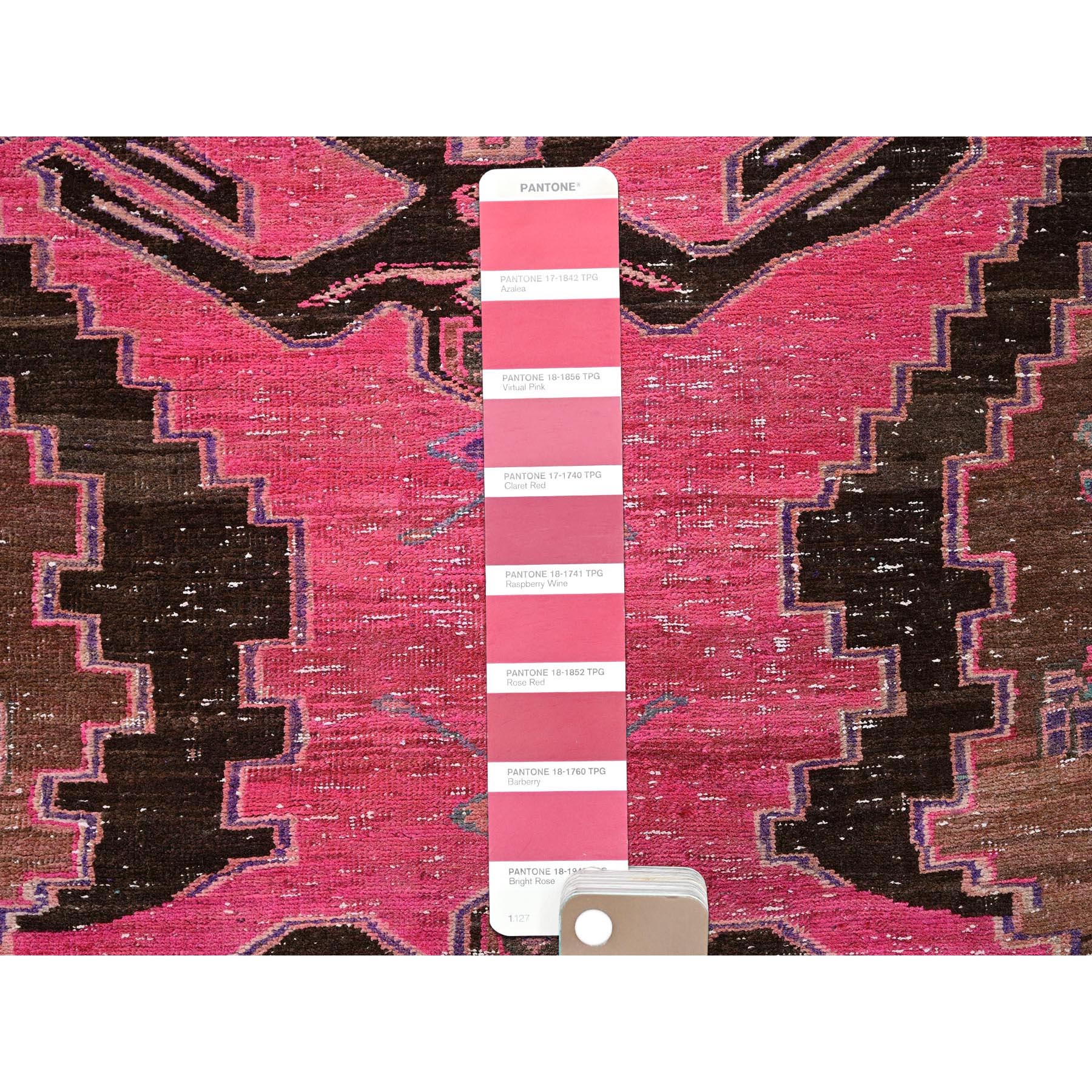 3'x11'4" Hot Pink, Overdyed Vintage Persian Hamadan with Eagle Design, Worn and Distressed, Cropped Thin, Zero Pile, Sides and Ends Professionally Secured, Hand Knotted, 100% Wool, Runner, Oriental Rug Sh833