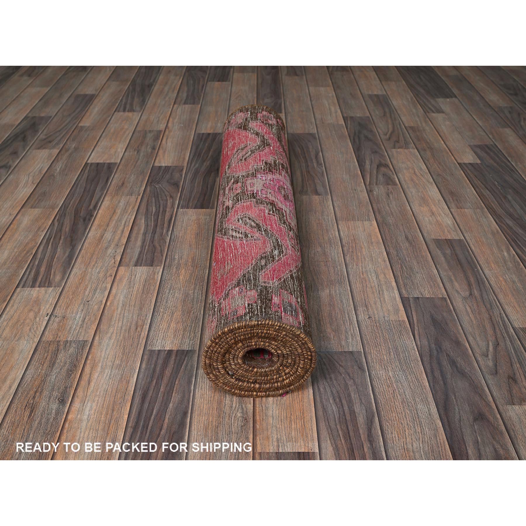 3'x11'4" Hot Pink, Overdyed Vintage Persian Hamadan with Eagle Design, Worn and Distressed, Cropped Thin, Zero Pile, Sides and Ends Professionally Secured, Hand Knotted, 100% Wool, Runner, Oriental Rug Sh833